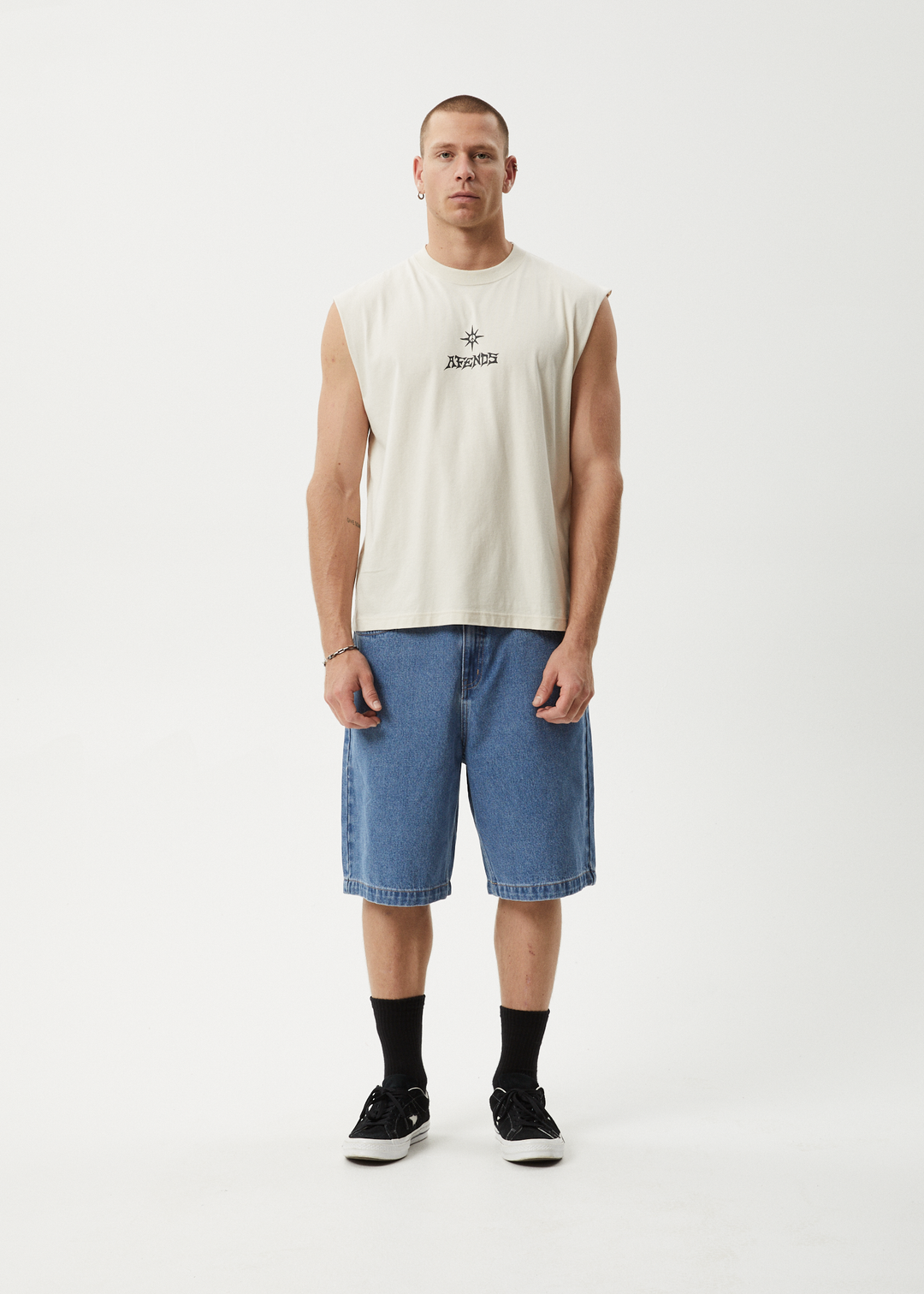 AFENDS Mens Peace Out - Sleeveless Tee - Moonbeam 