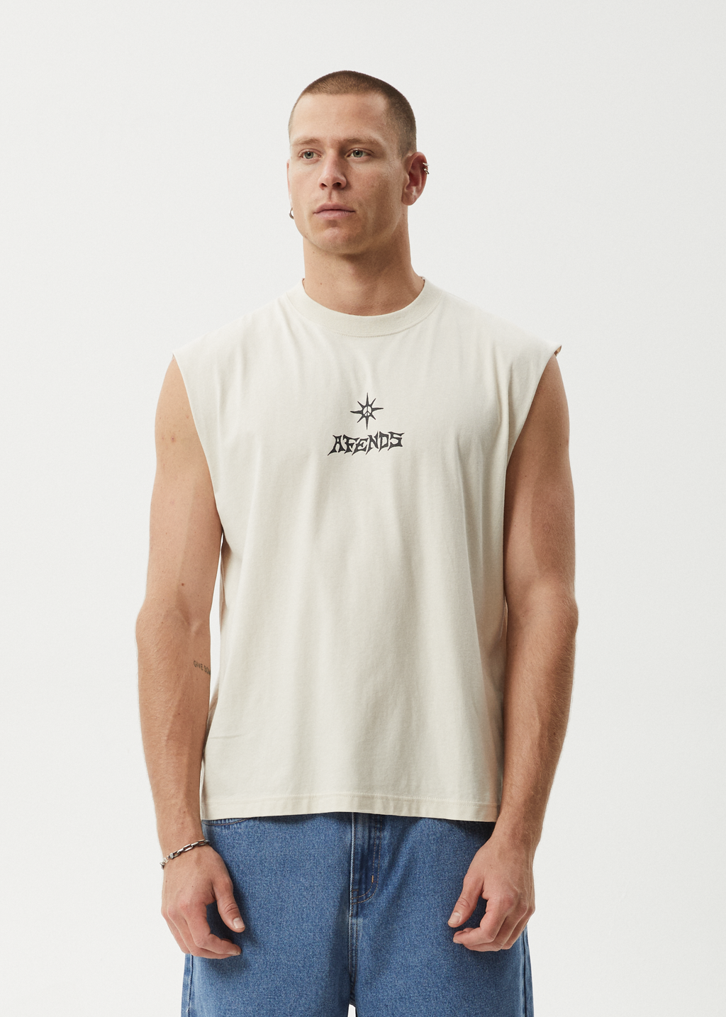 AFENDS Mens Peace Out - Sleeveless Tee - Moonbeam