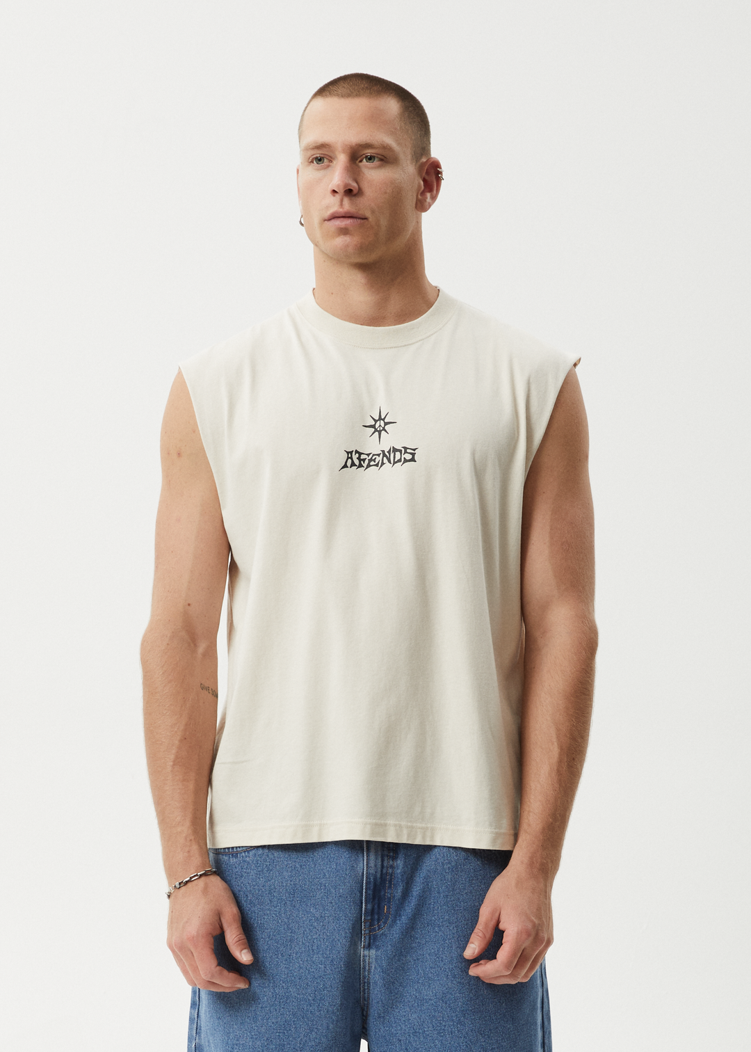 AFENDS Mens Peace Out - Sleeveless Tee - Moonbeam 