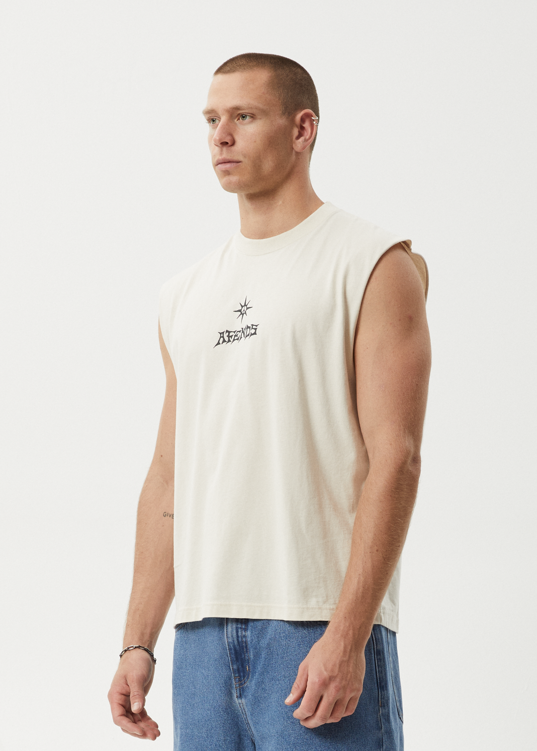 AFENDS Mens Peace Out - Sleeveless Tee - Moonbeam 