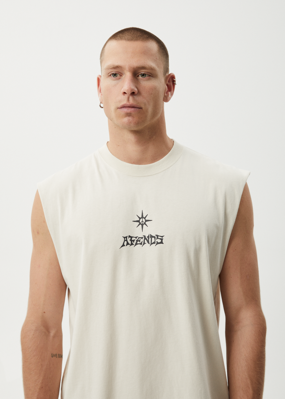 AFENDS Mens Peace Out - Sleeveless Tee - Moonbeam 