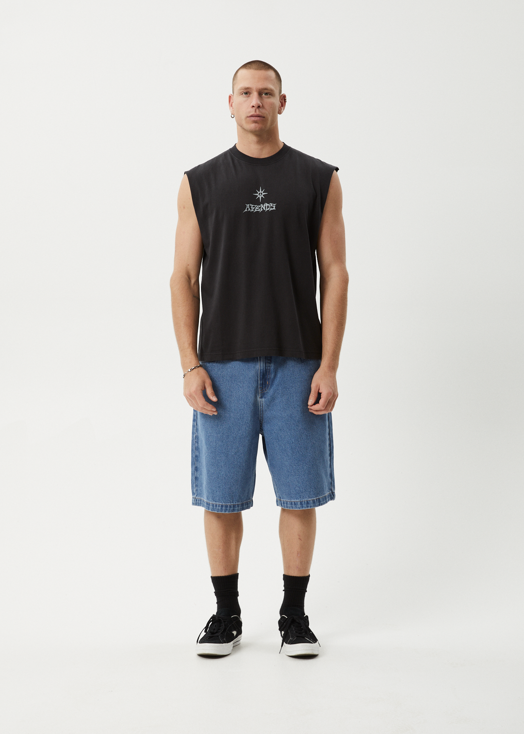 AFENDS Mens Peace Out - Sleeveless Tee - Stone Black 