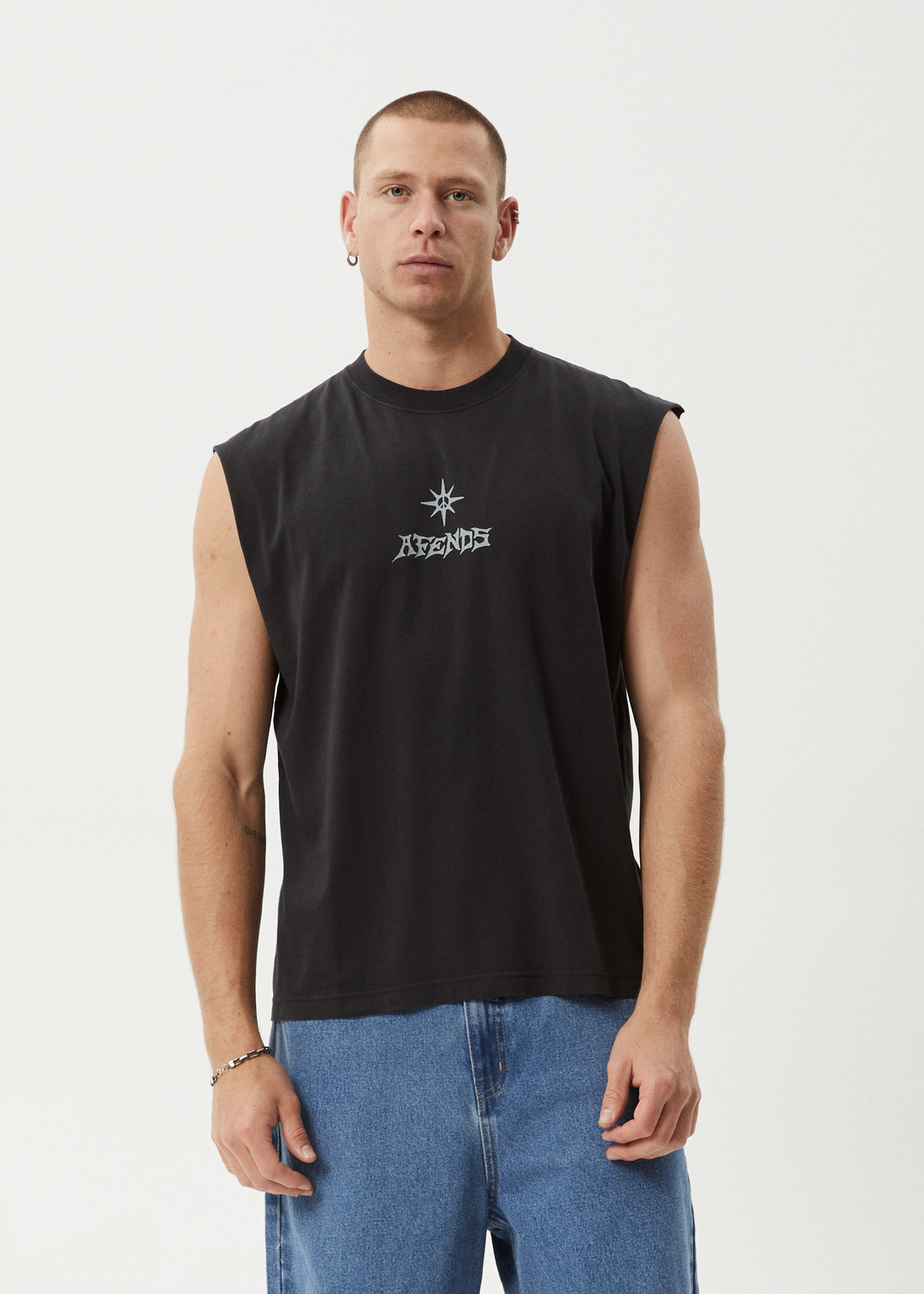 AFENDS Mens Peace Out - Sleeveless Tee - Stone Black 