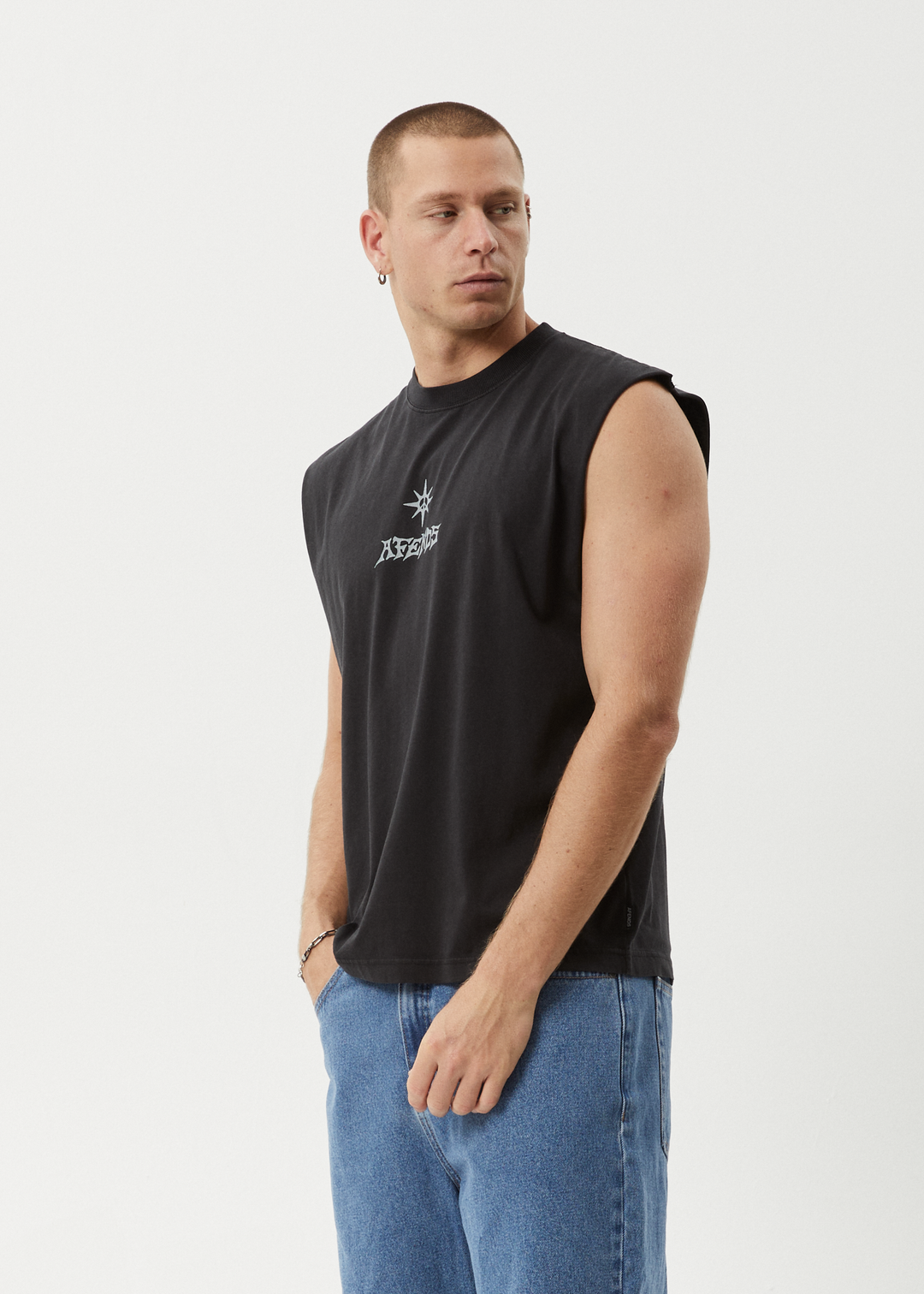 AFENDS Mens Peace Out - Sleeveless Tee - Stone Black 