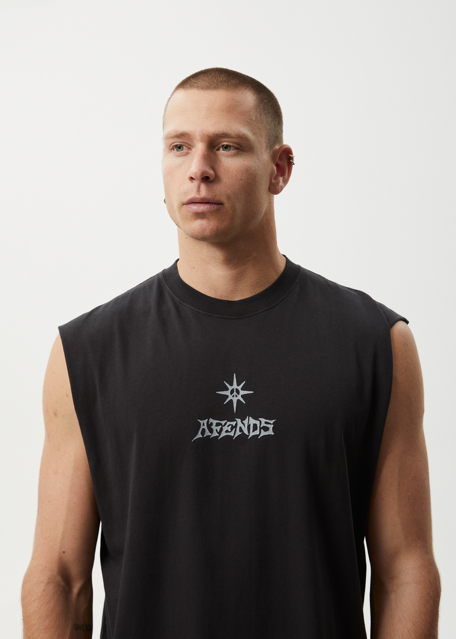 AFENDS Mens Peace Out - Sleeveless Tee - Stone Black