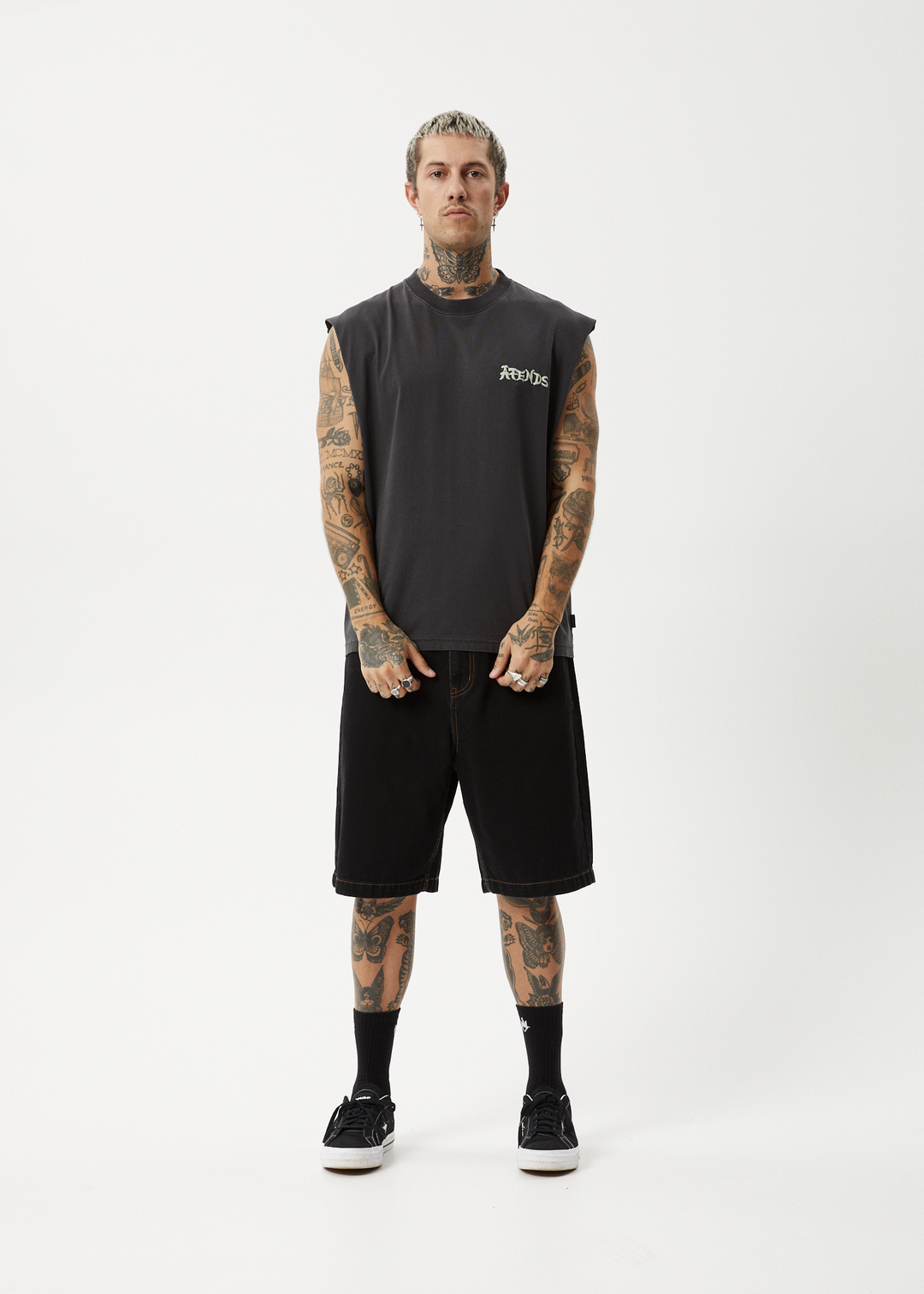 AFENDS Mens Destroyer - Sleeveless Tee - Stone Black 