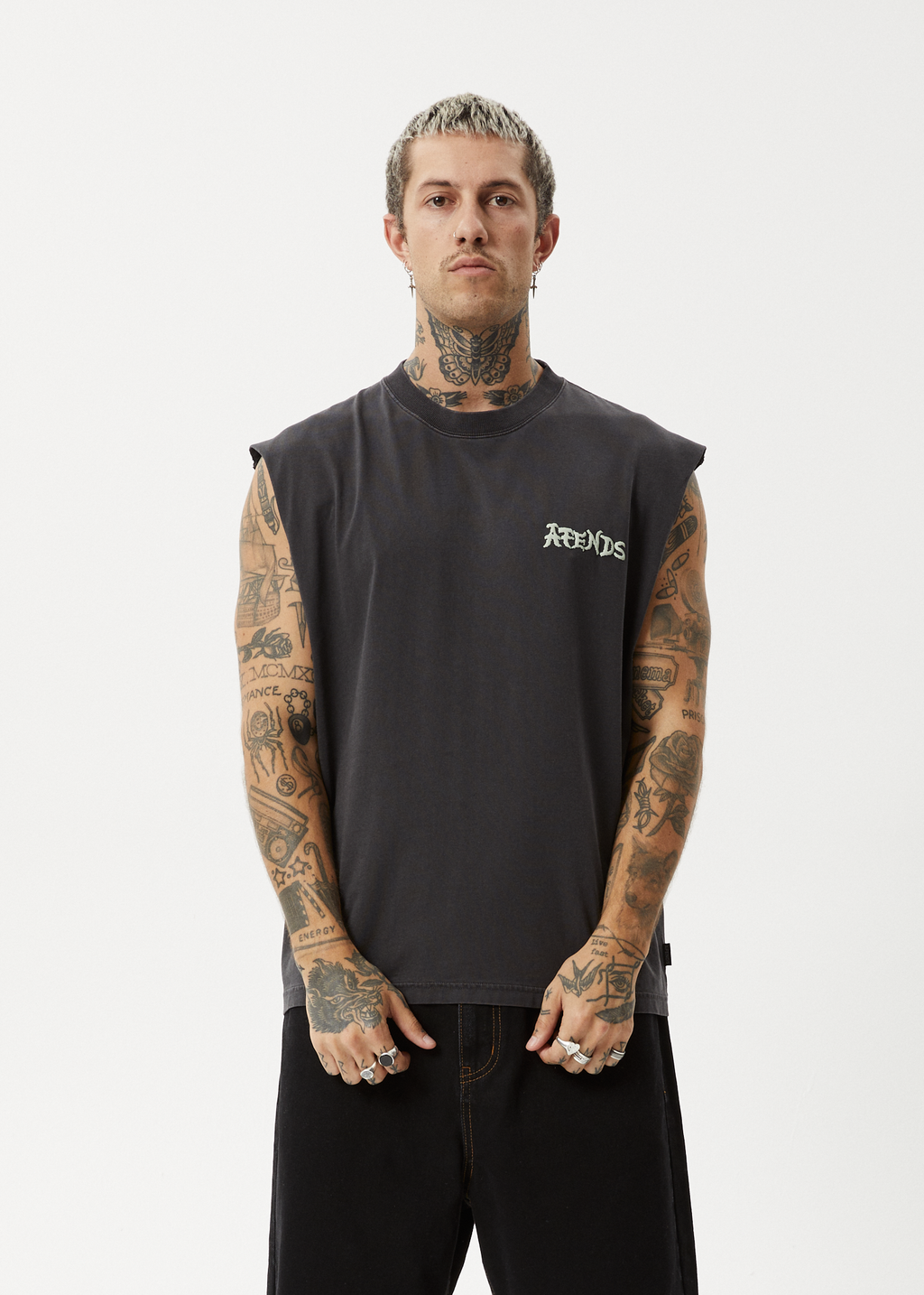 AFENDS Mens Destroyer - Sleeveless Tee - Stone Black