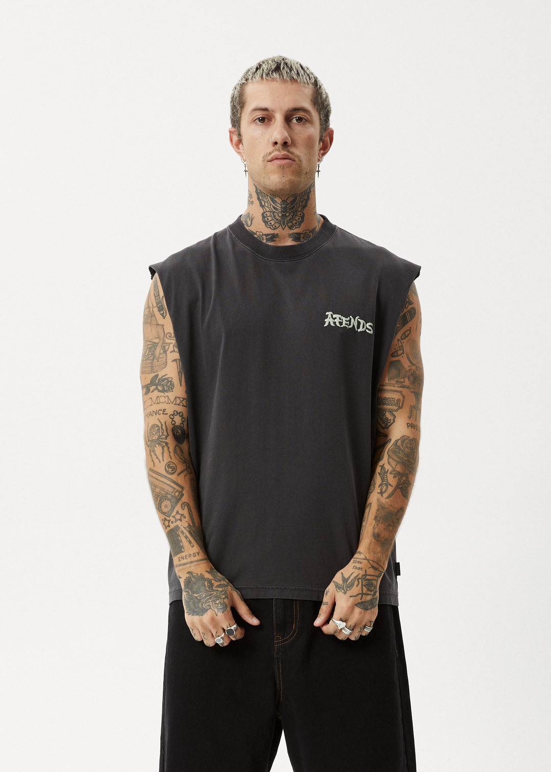 AFENDS Mens Destroyer - Sleeveless Tee - Stone Black 