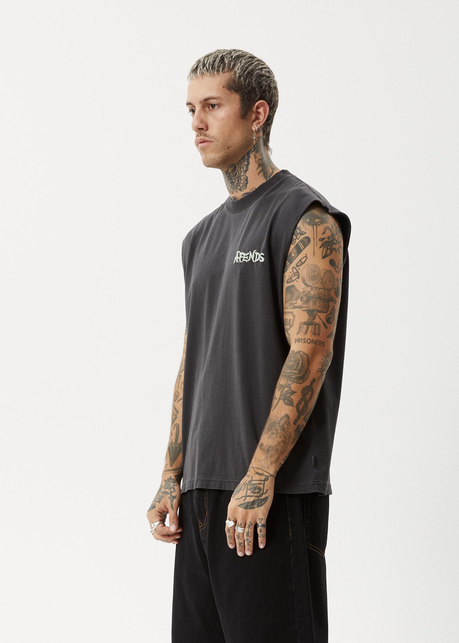 AFENDS Mens Destroyer - Sleeveless Tee - Stone Black