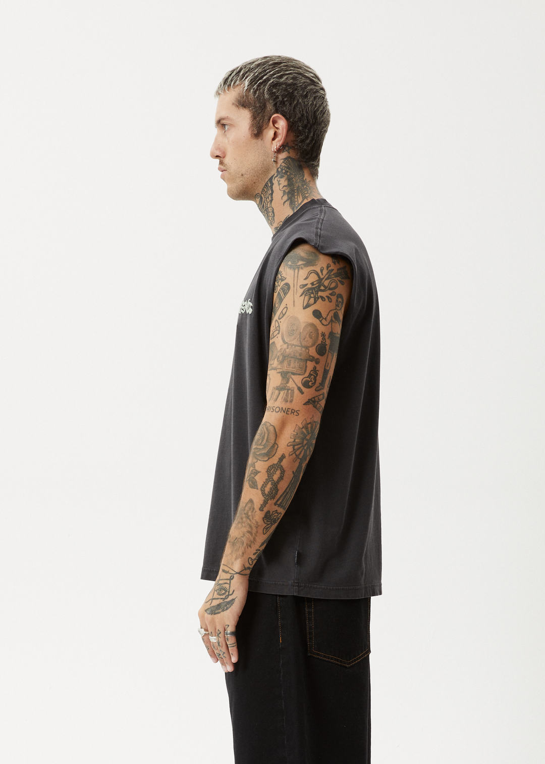 AFENDS Mens Destroyer - Sleeveless Tee - Stone Black 