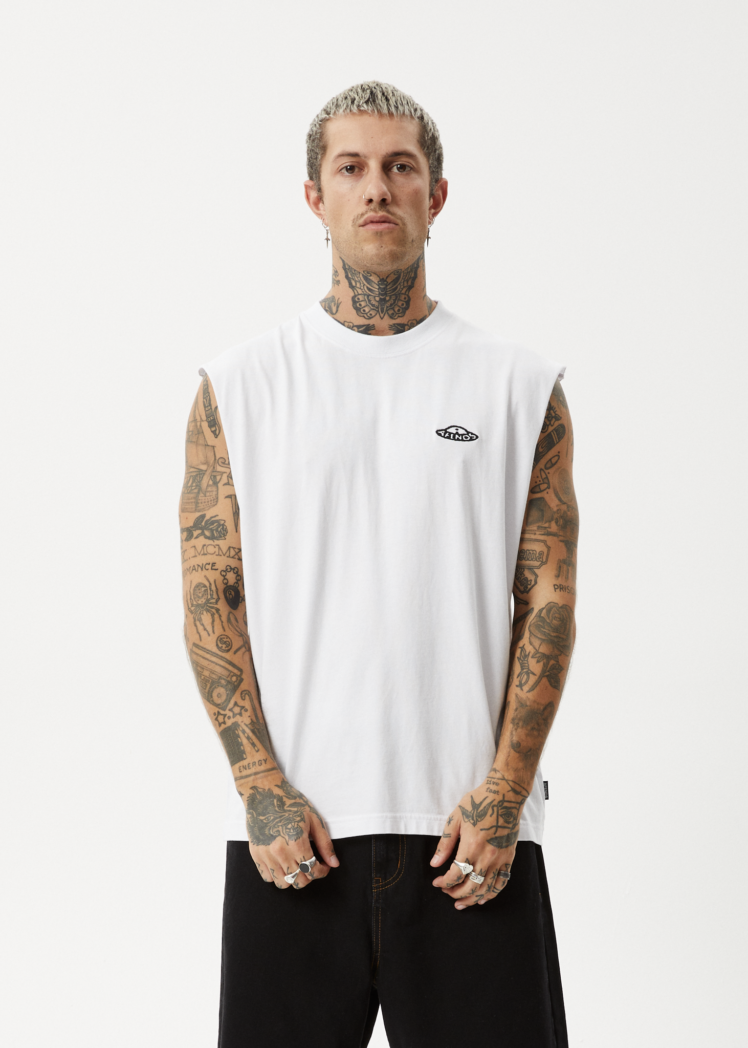 AFENDS Mens Earthling - Sleeveless Tee - White