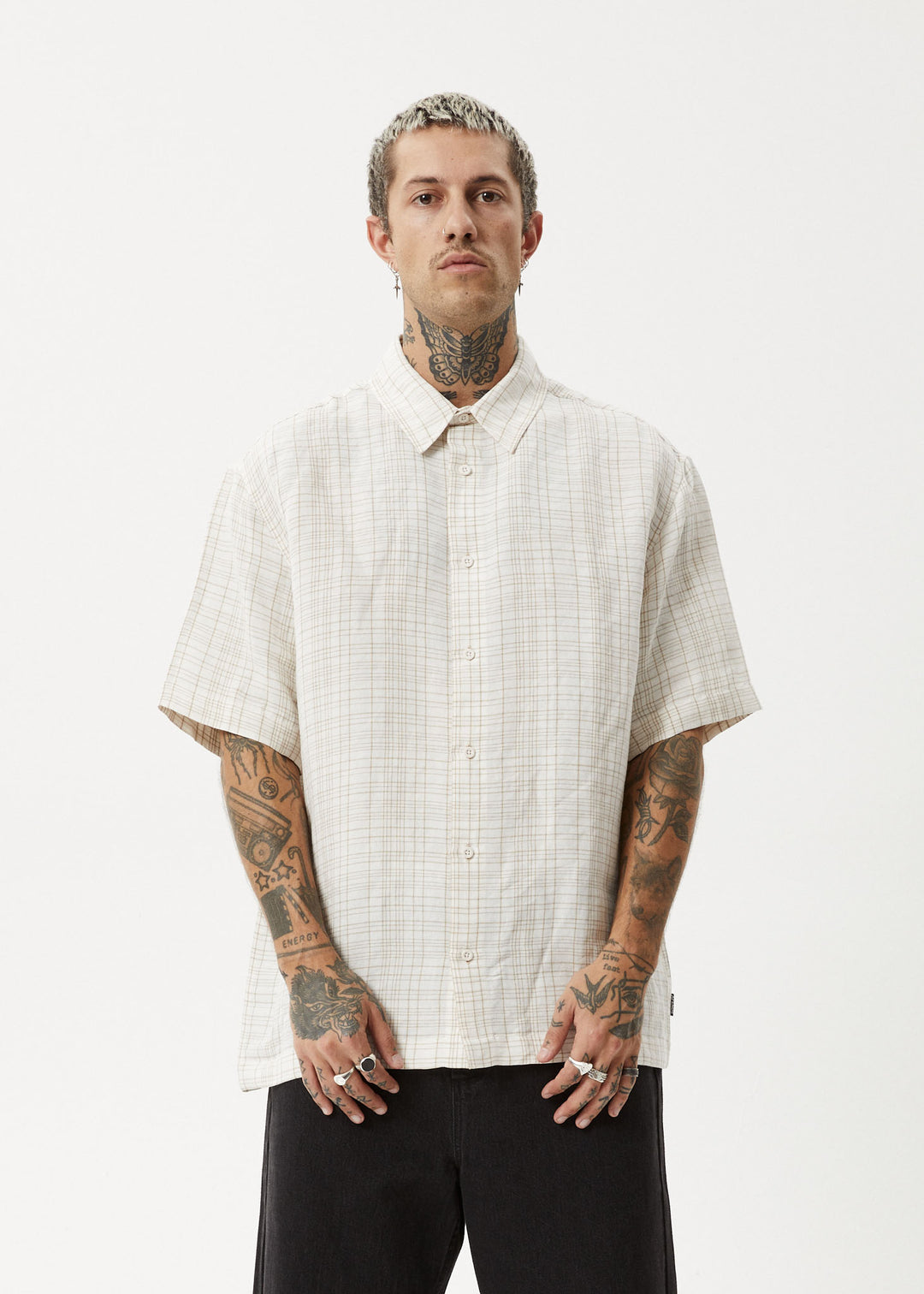 AFENDS Mens Criss Cross - Short Sleeve Shirt - Taupe 