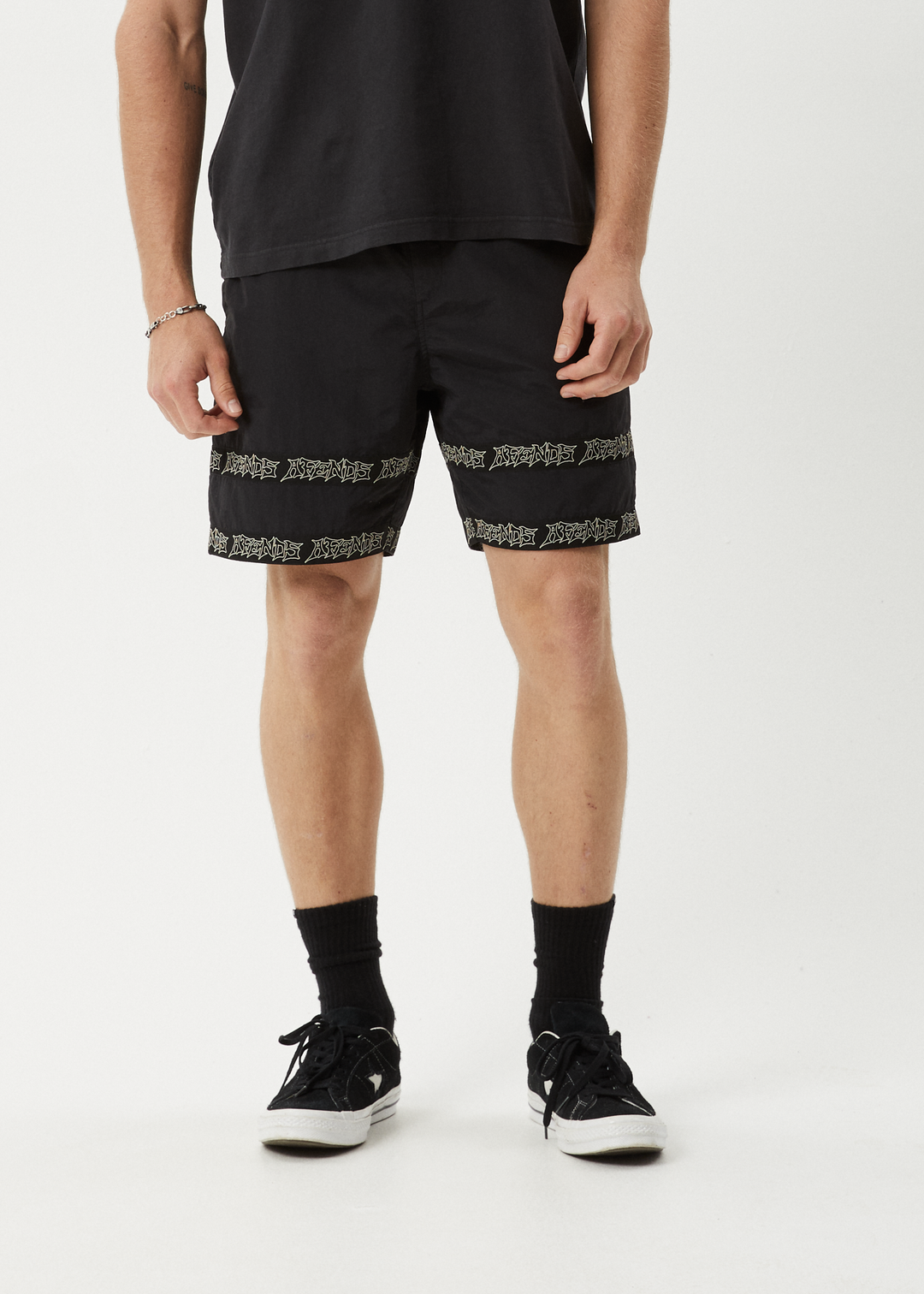 AFENDS Mens Peace Out Tape - Elastic Waist Short - Black 