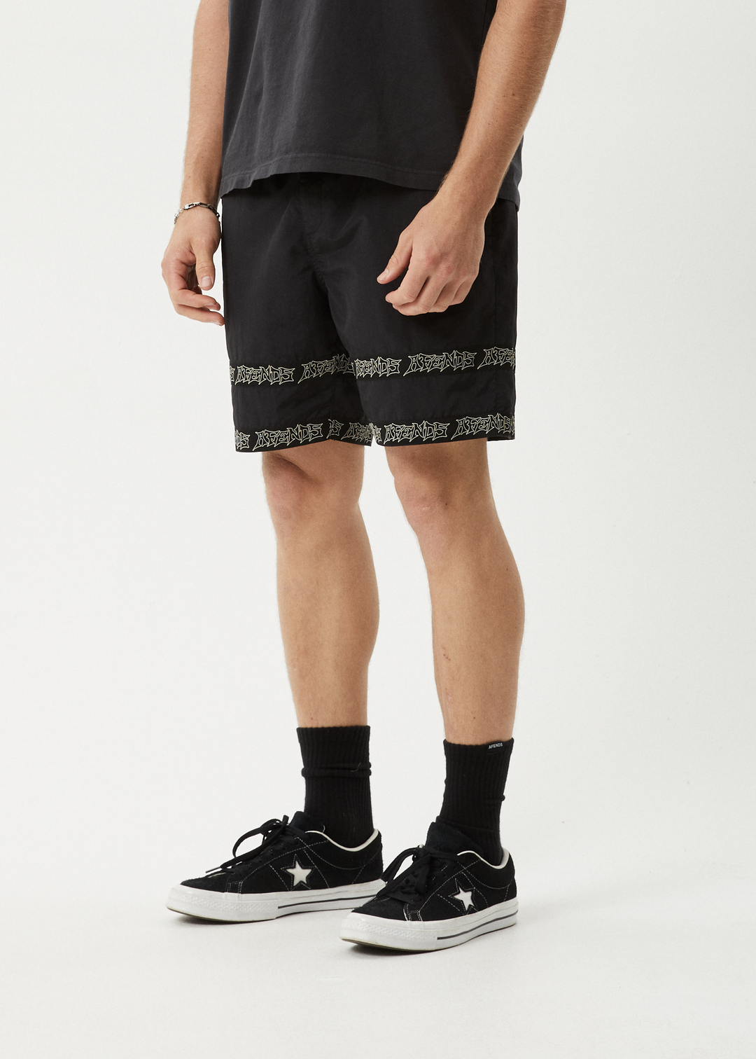 AFENDS Mens Peace Out Tape - Elastic Waist Short - Black 