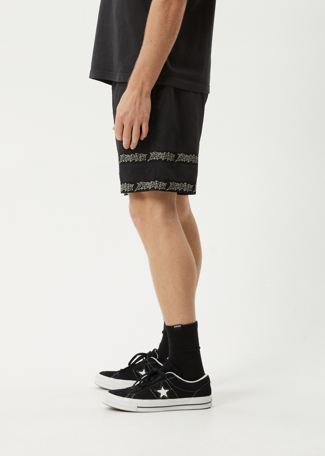 AFENDS Mens Peace Out Tape - Elastic Waist Short - Black 