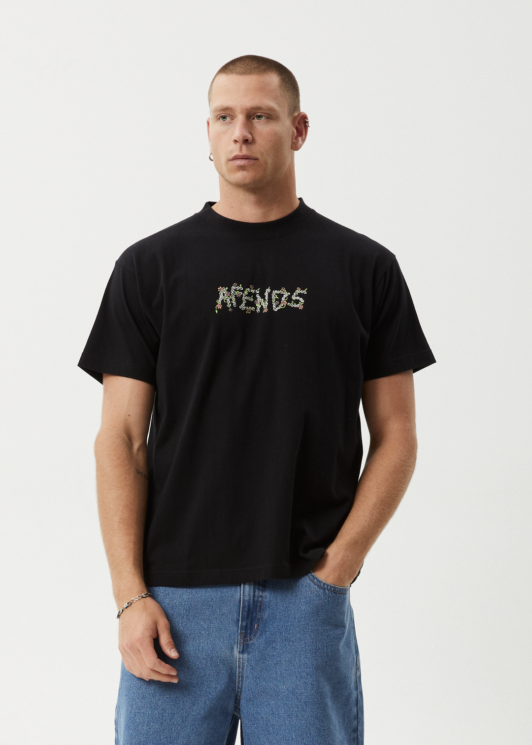 AFENDS Mens Daisy Chain - Boxy Fit Tee - Black 