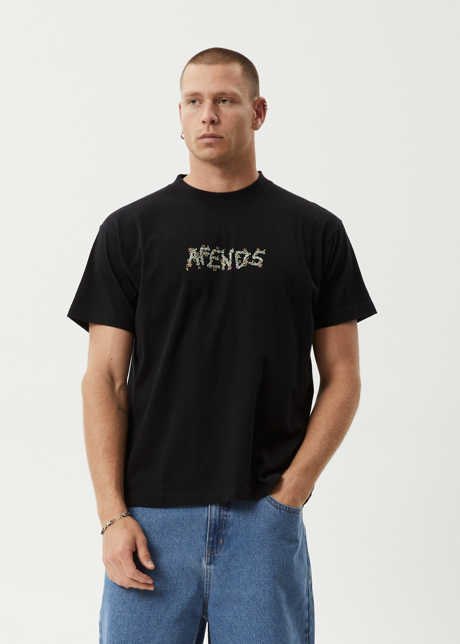 AFENDS Mens Daisy Chain - Boxy Tee - Black
