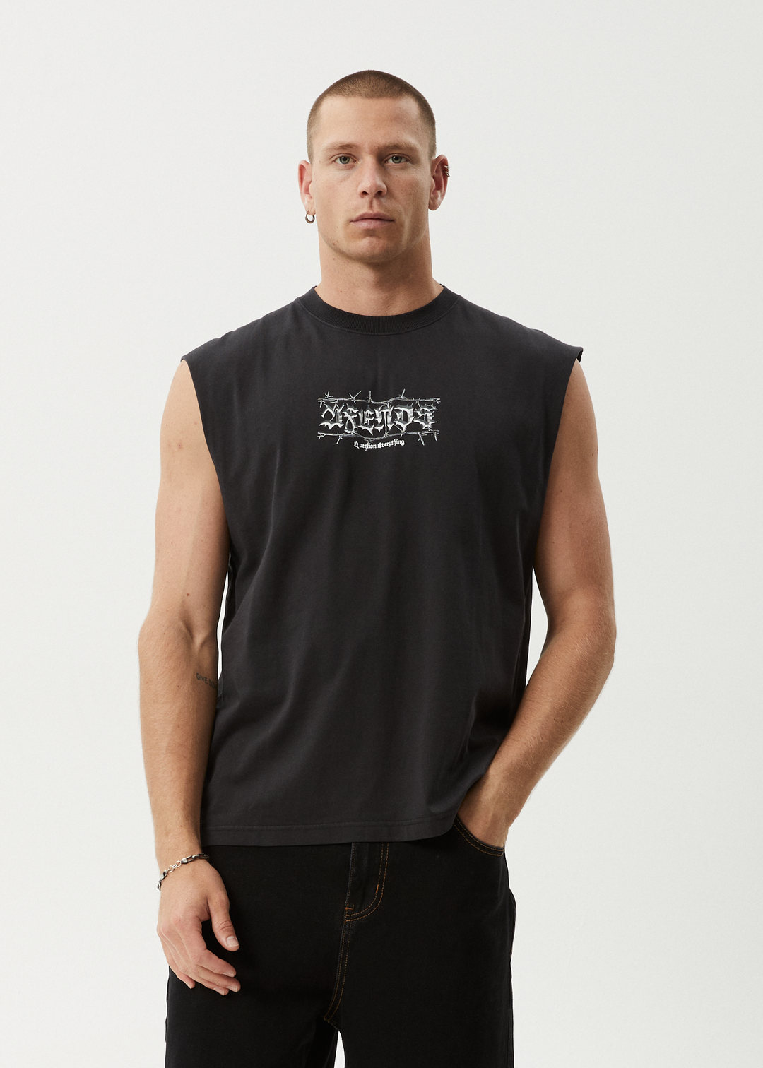 AFENDS Mens Thorny - Sleeveless Tee - Stone Black 