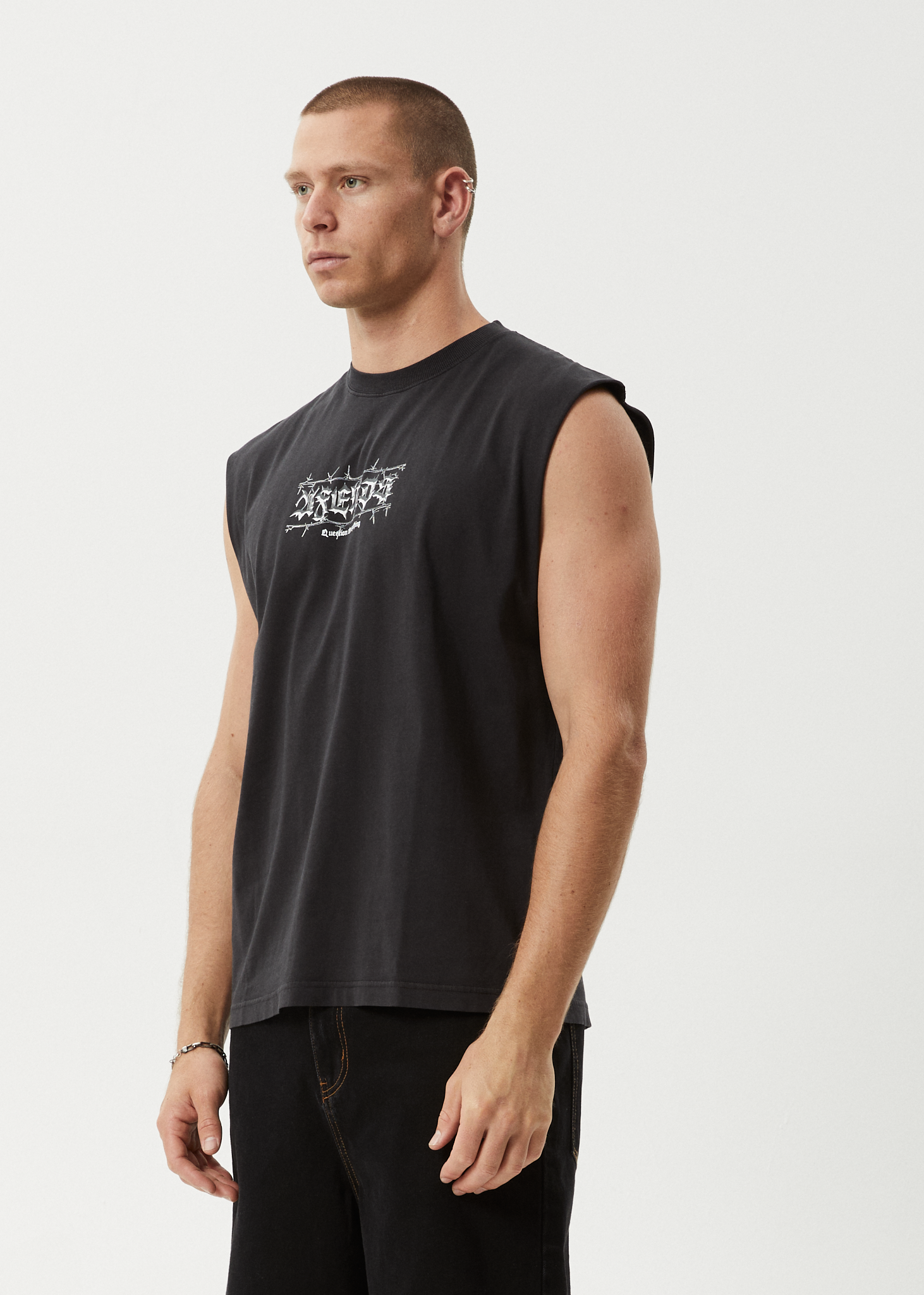 AFENDS Mens Thorny - Sleeveless Tee - Stone Black