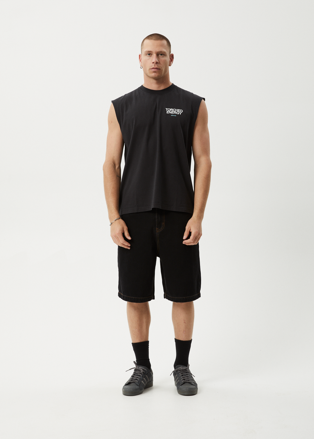 AFENDS Mens Torched Energy - Sleeveless Tee - Stone Black 