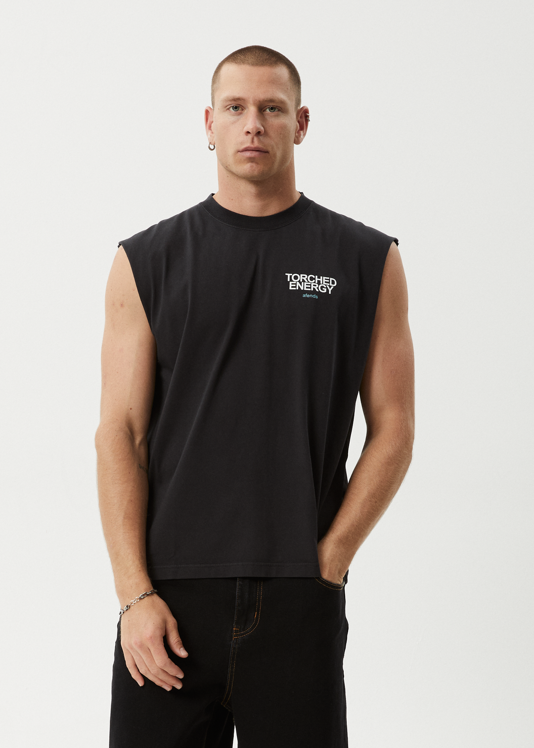 AFENDS Mens Torched Energy - Sleeveless Tee - Stone Black 