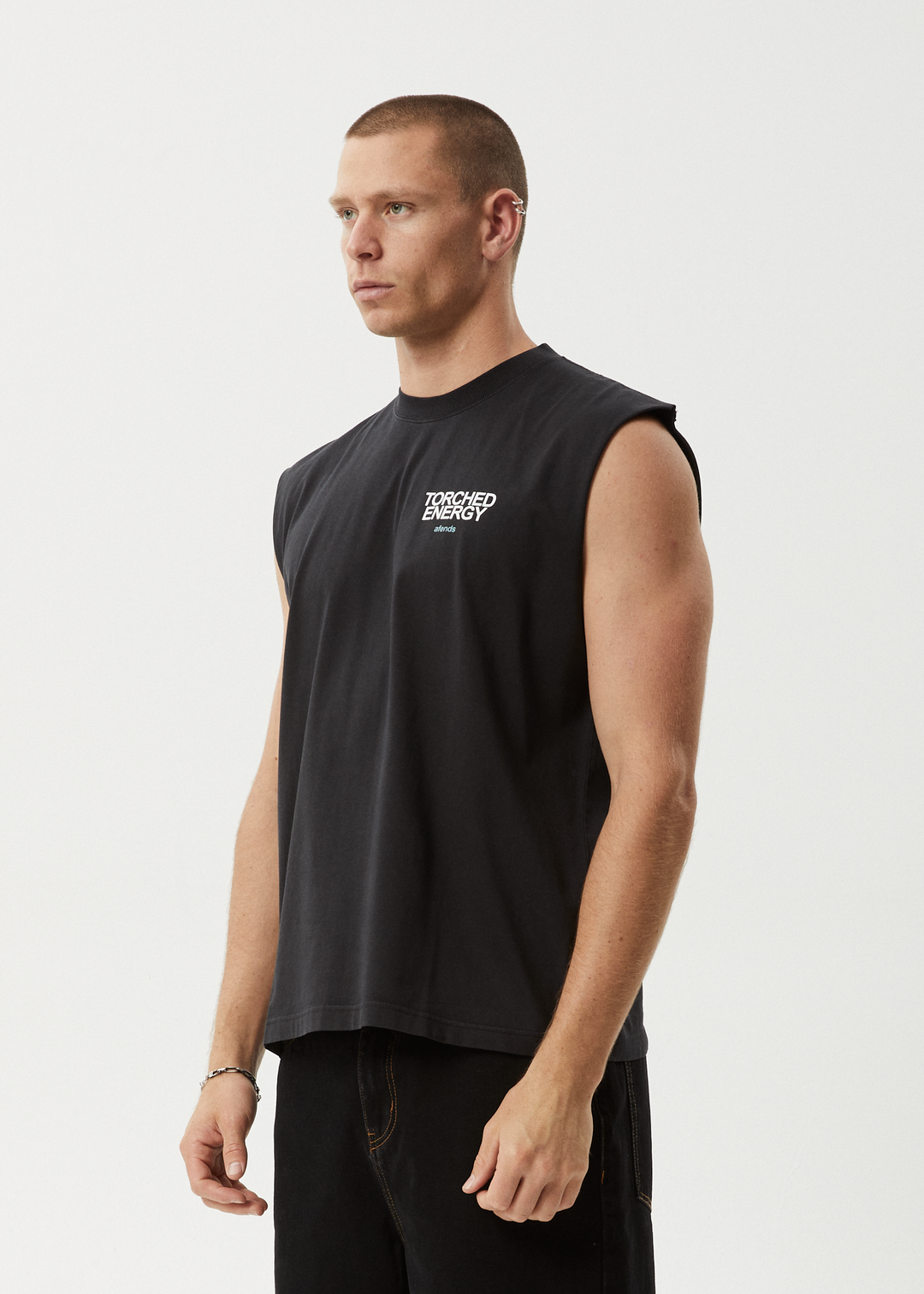 AFENDS Mens Torched Energy - Sleeveless Tee - Stone Black 