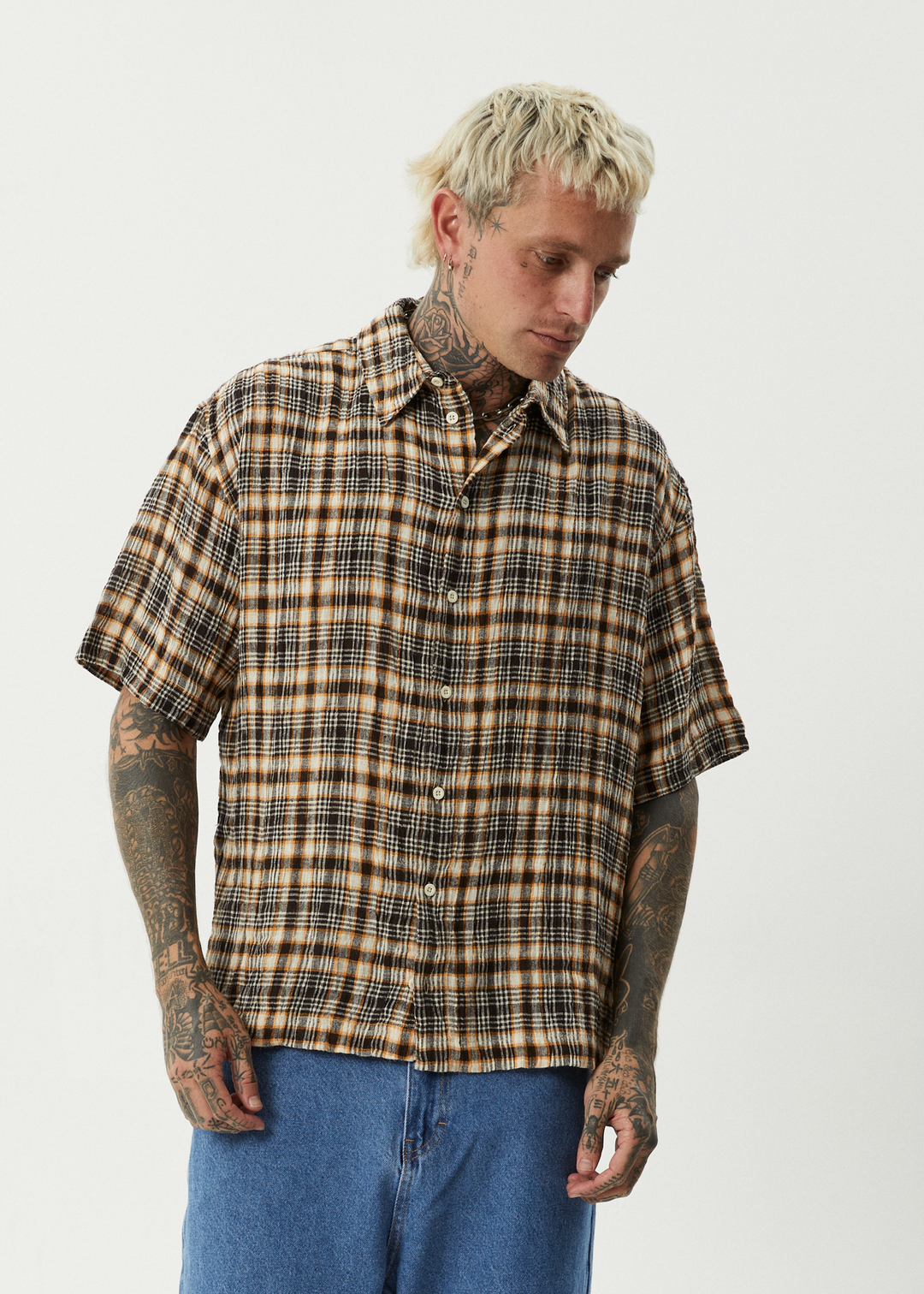 AFENDS Mens Check Out - Seersucker Short Sleeve Shirt - Moonbeam Check