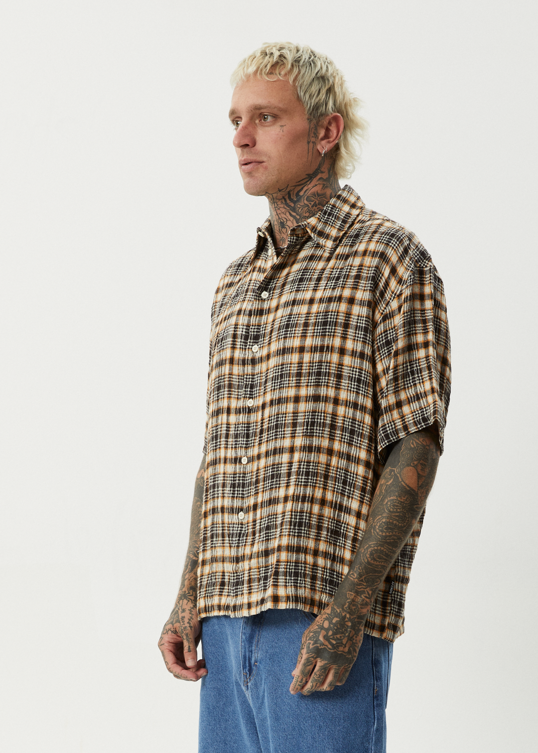 AFENDS Mens Check Out - Seersucker Short Sleeve Shirt - Moonbeam Check