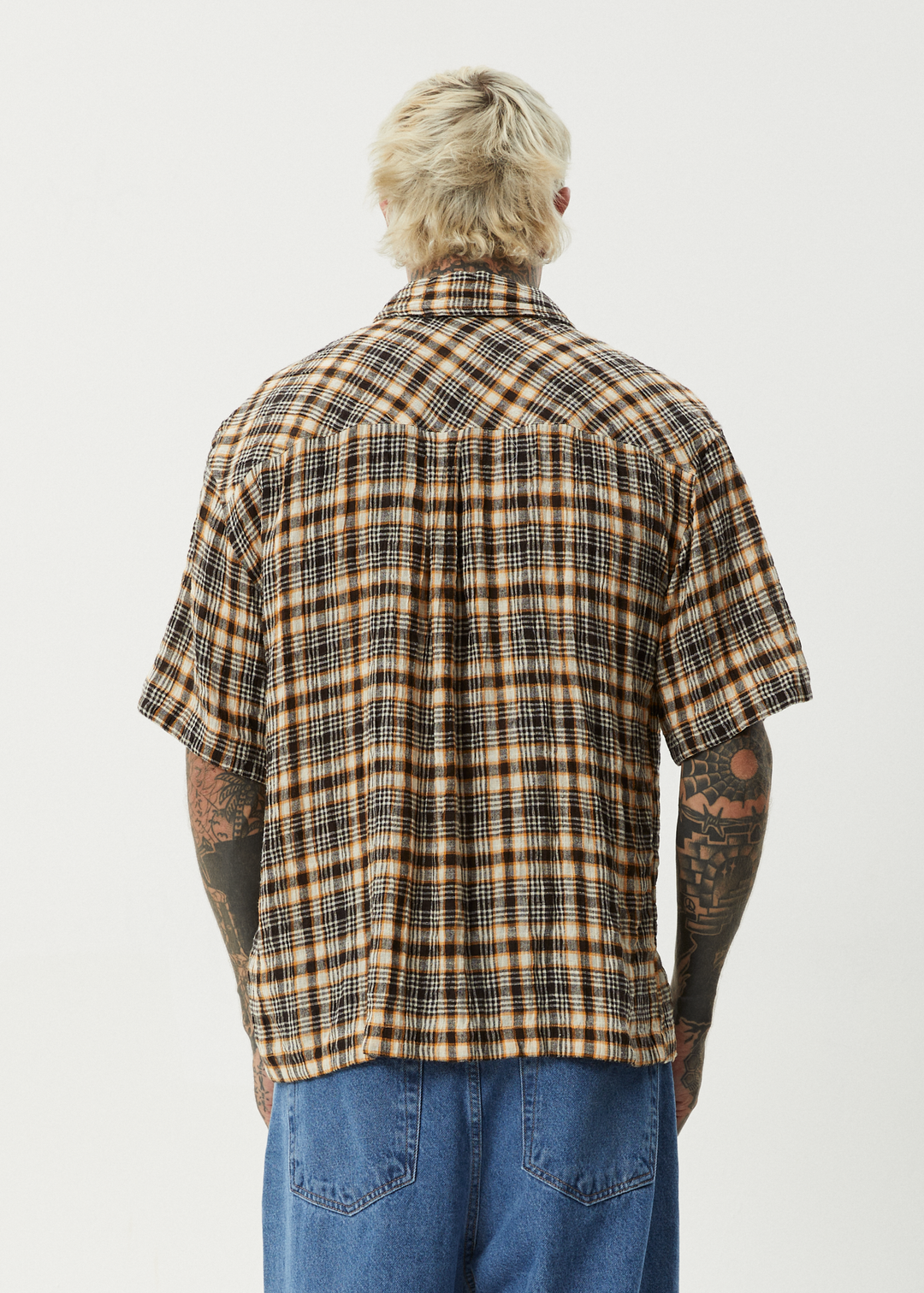 AFENDS Mens Check Out - Seersucker Short Sleeve Shirt - Moonbeam Check