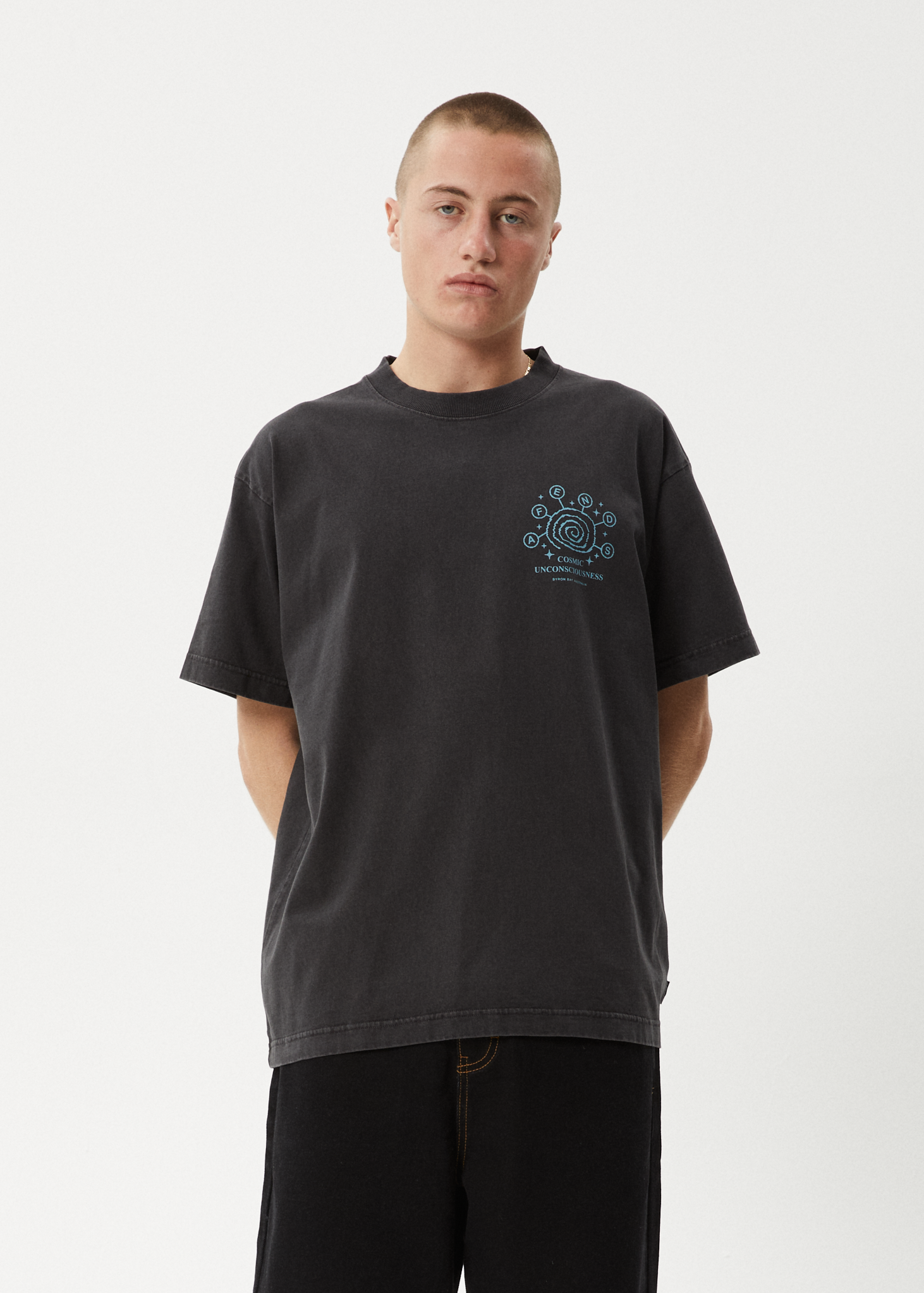 AFENDS Mens Cosmic Con - Heavyweight Boxy Tee - Stone Black
