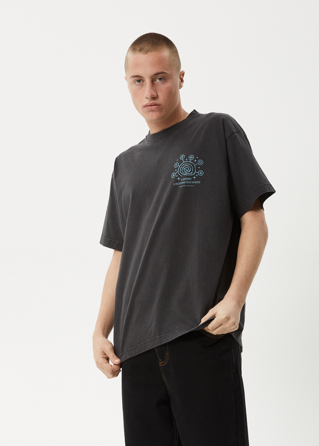 AFENDS Mens Cosmic Con - Heavyweight Boxy Tee - Stone Black
