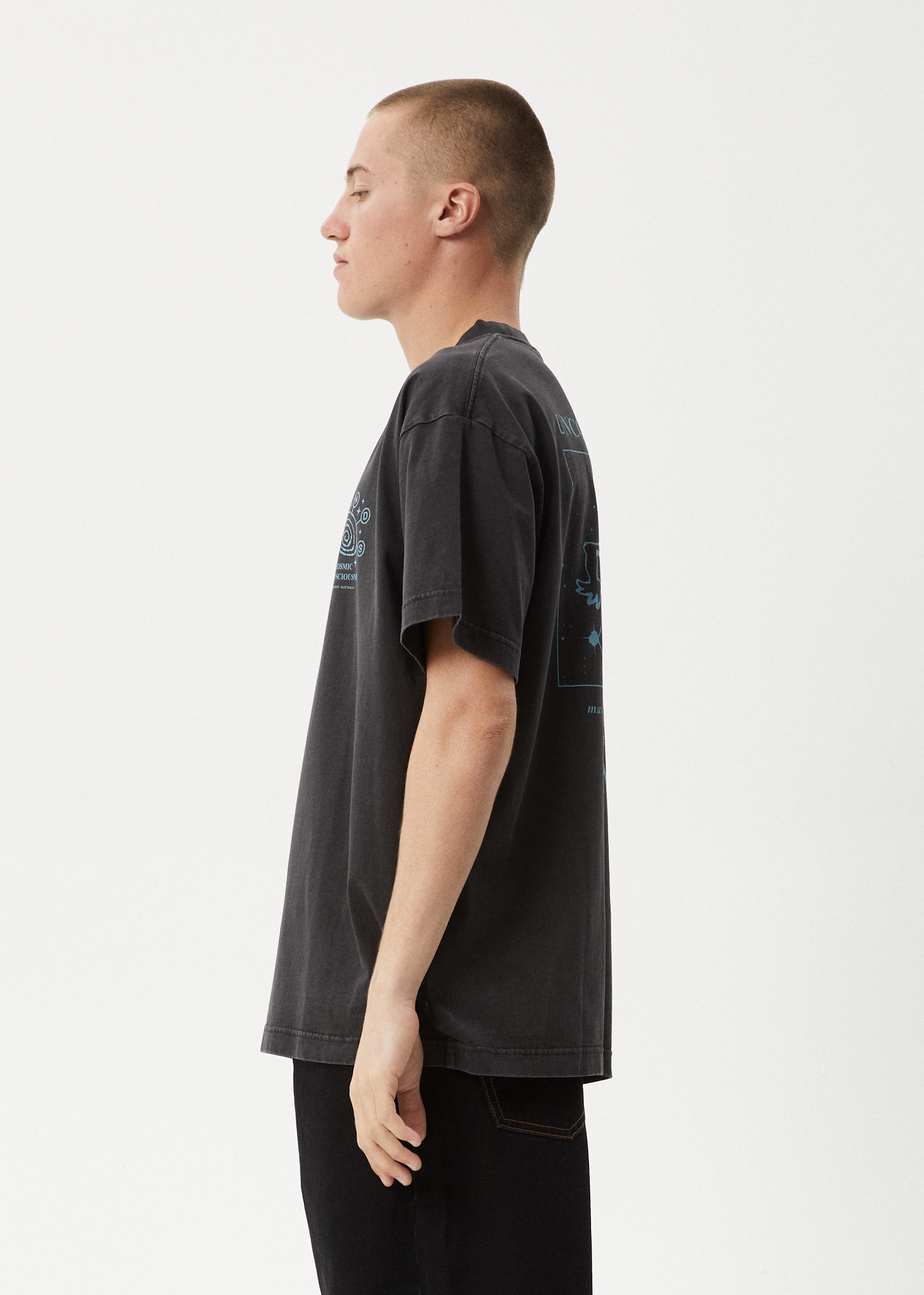 AFENDS Mens Cosmic Con - Heavyweight Boxy Tee - Stone Black