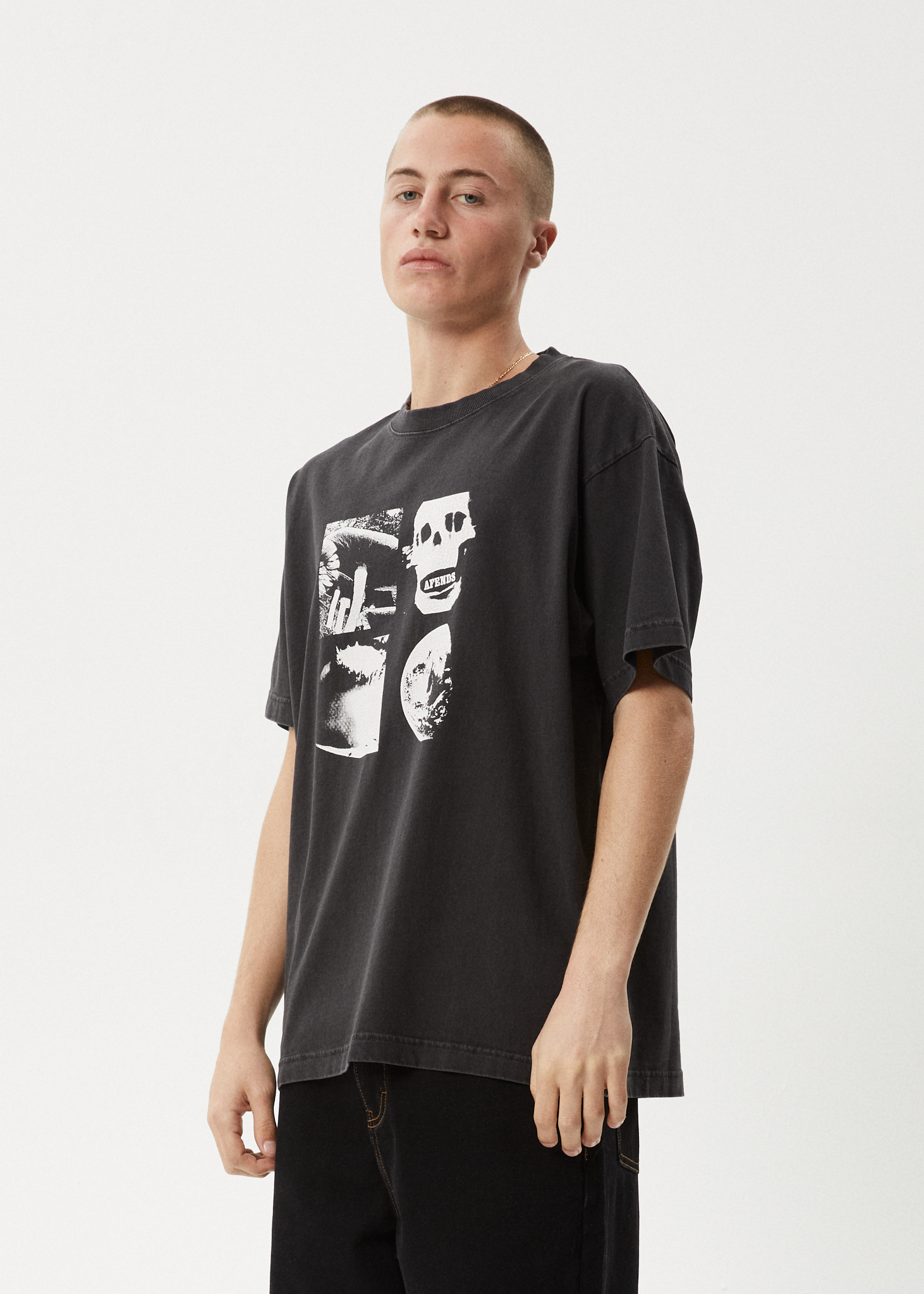 AFENDS Mens New And Clear - Heavyweight Boxy Tee - Stone Black