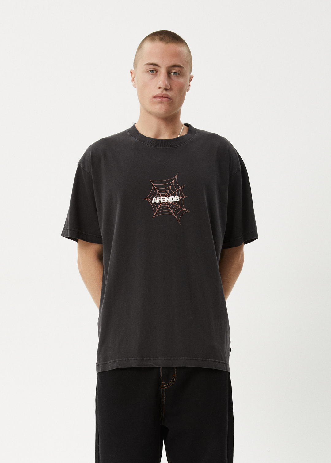 AFENDS Mens Webhead - Boxy Fit Tee - Stone Black