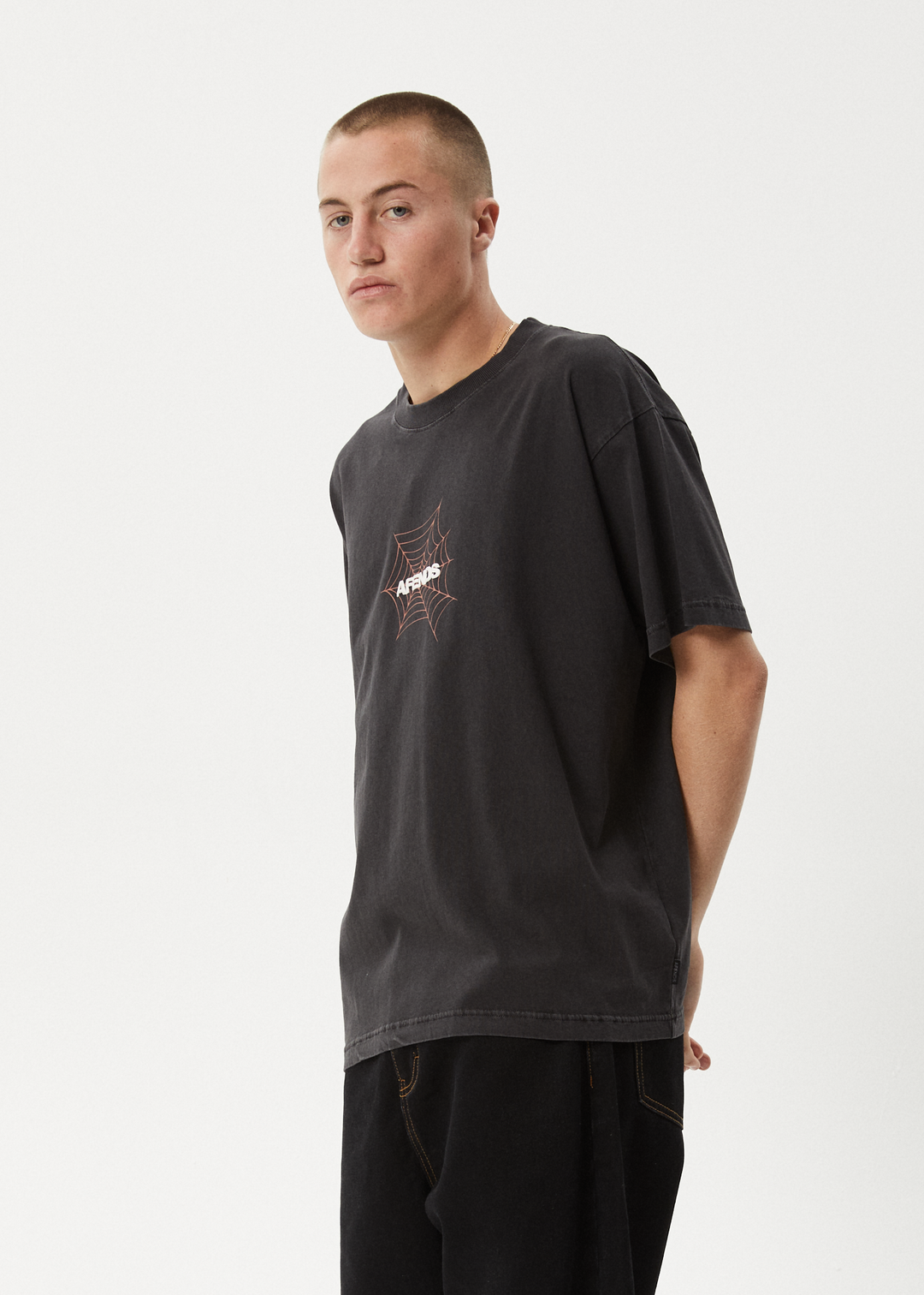 AFENDS Mens Webhead - Boxy Fit Tee - Stone Black