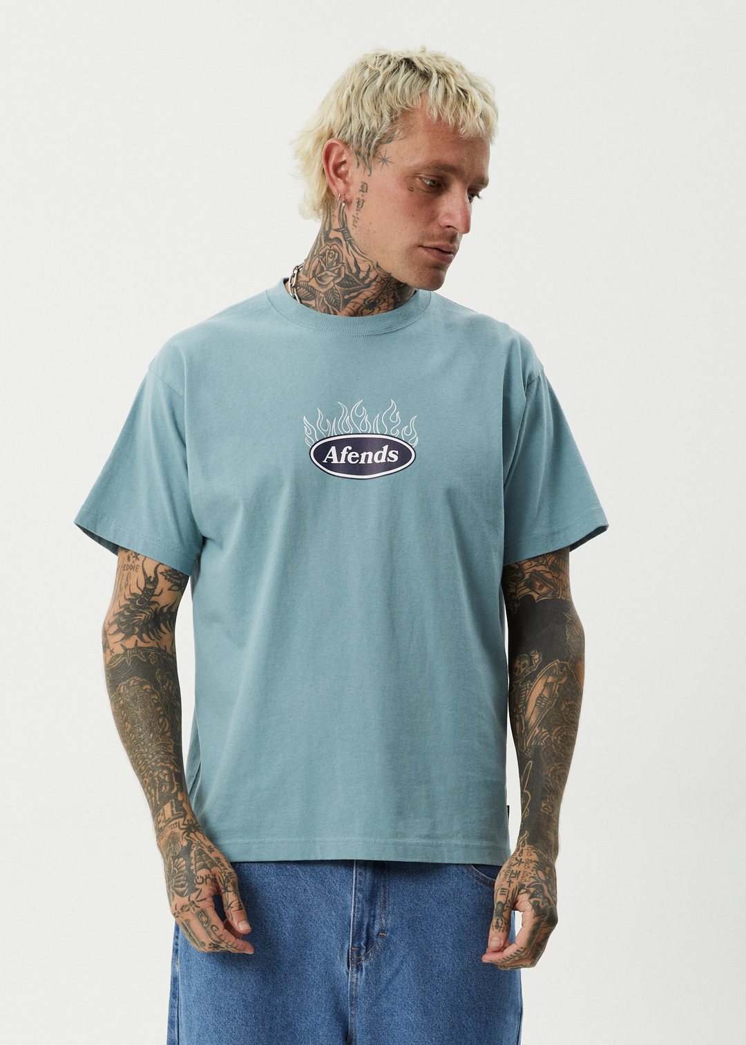 AFENDS Mens Fast Forward - Heavy Weight Boxy Fit Tee - Ocean Spray