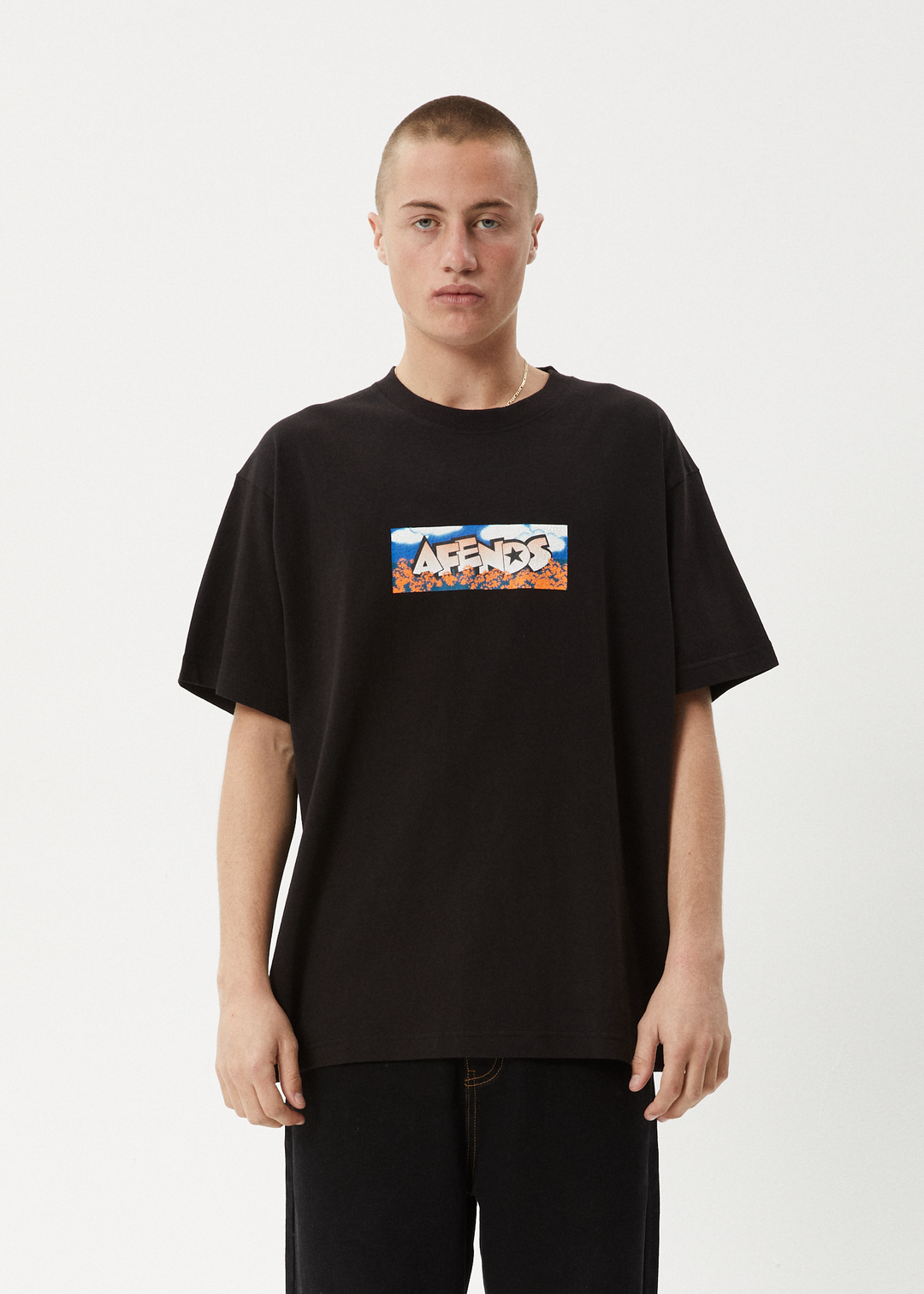 AFENDS Mens Wall Flower - Boxy Fit Tee - Black