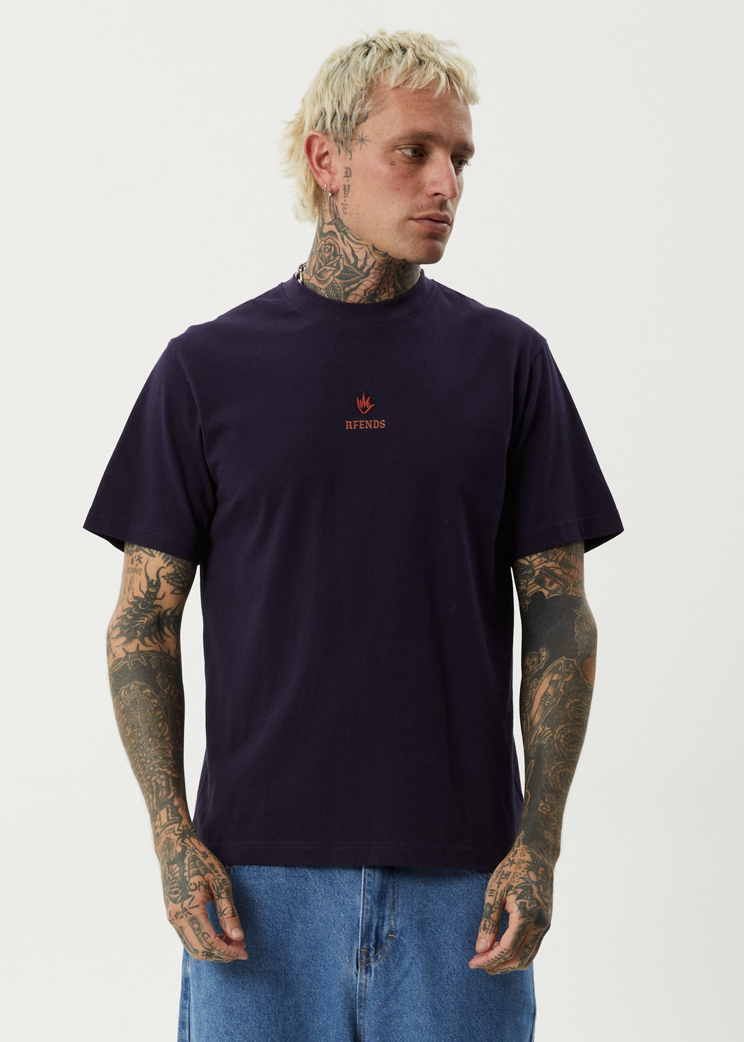 AFENDS Mens Burnin - Retro Fit Tee - Deep Sea