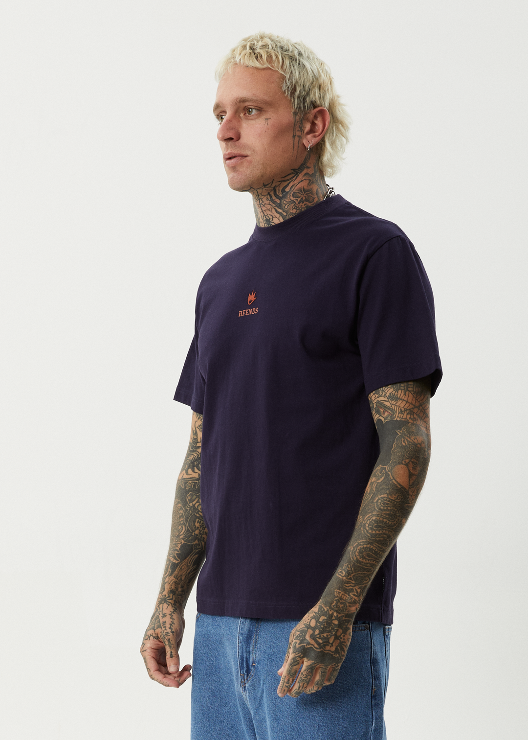 AFENDS Mens Burnin - Retro Fit Tee - Deep Sea