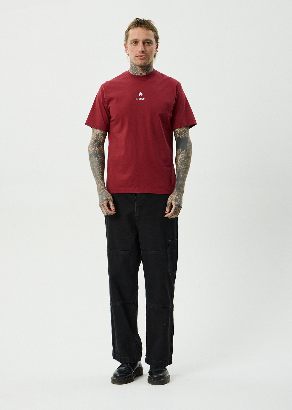 AFENDS Mens Burnin - Recycled Retro Fit Tee - Washed Burgundy