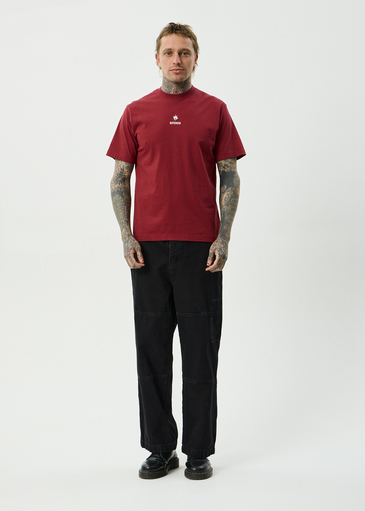 AFENDS Mens Burnin - Recycled Retro Fit Tee - Washed Burgundy