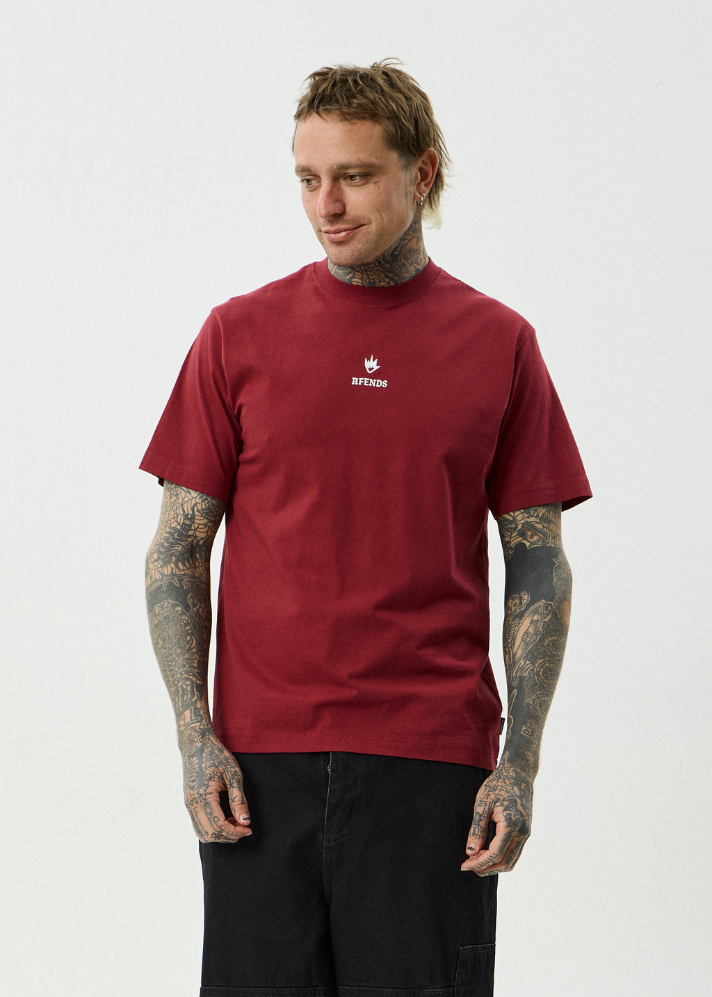 AFENDS Mens Burnin - Recycled Retro Fit Tee - Washed Burgundy