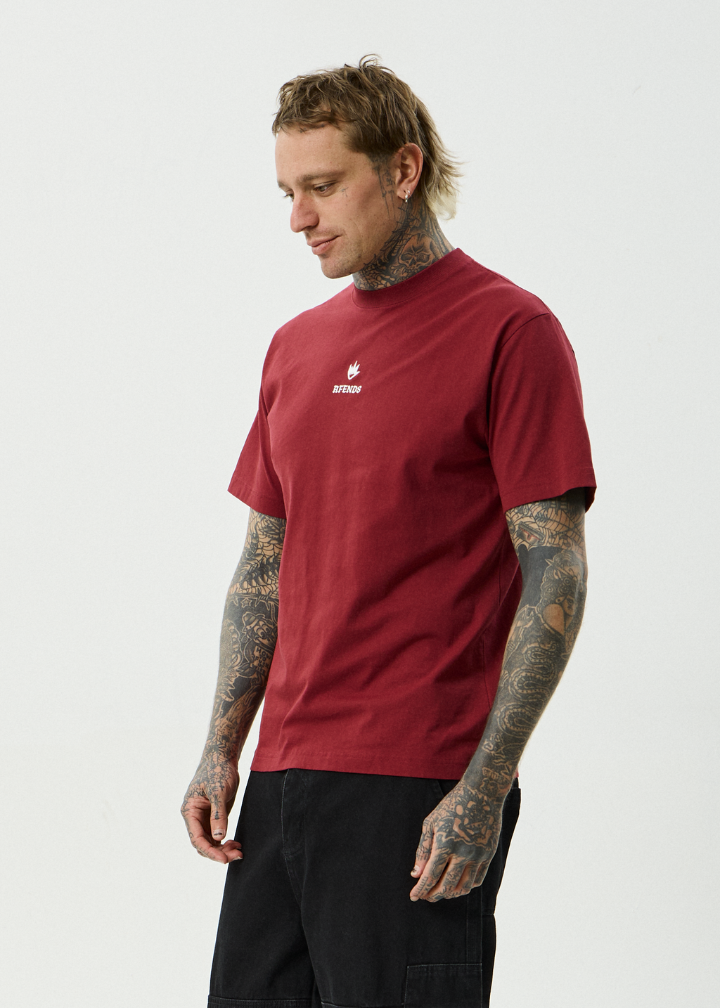 AFENDS Mens Burnin - Recycled Retro Fit Tee - Washed Burgundy