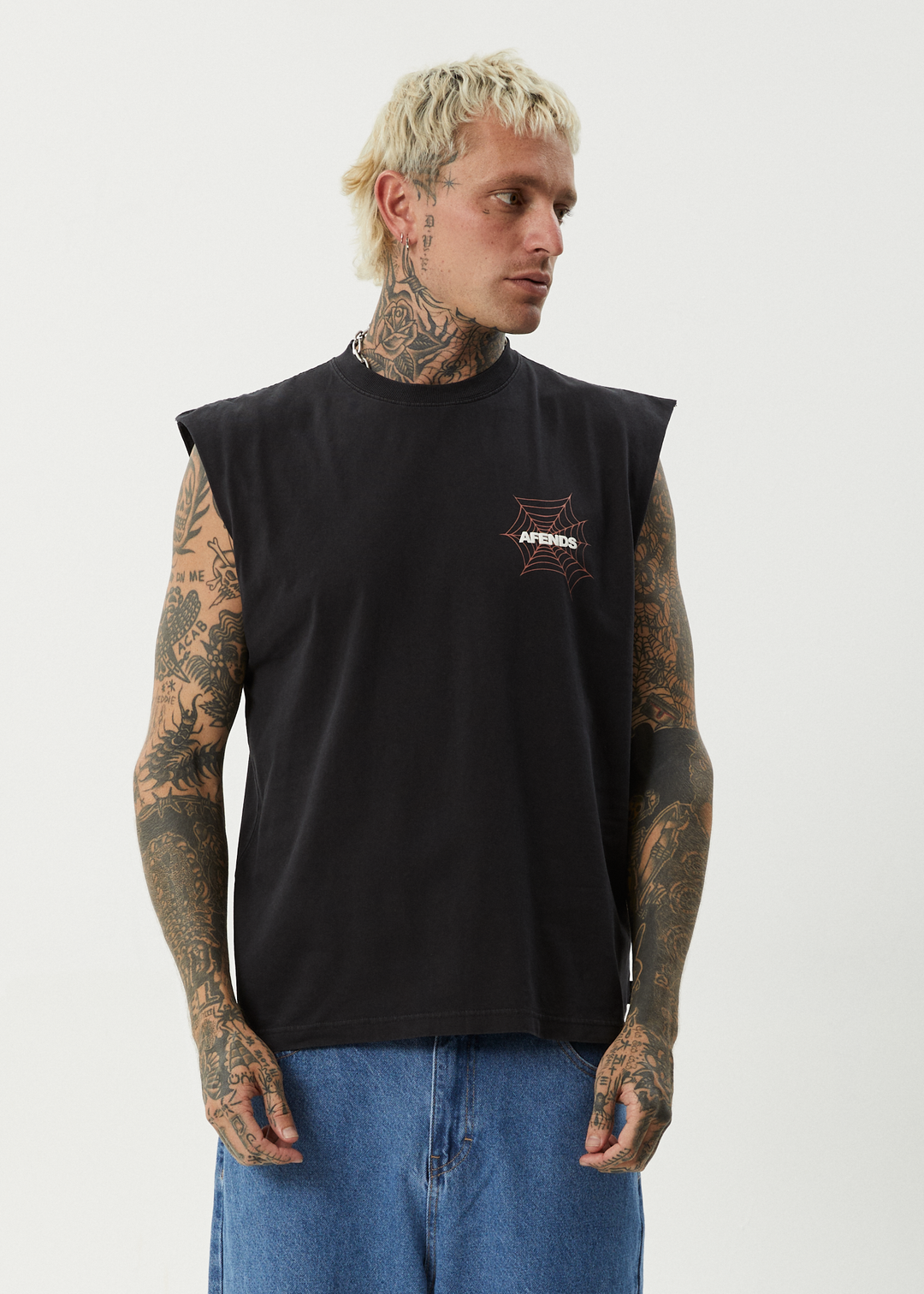 AFENDS Mens Webhead - Sleeveless Tee - Stone Black