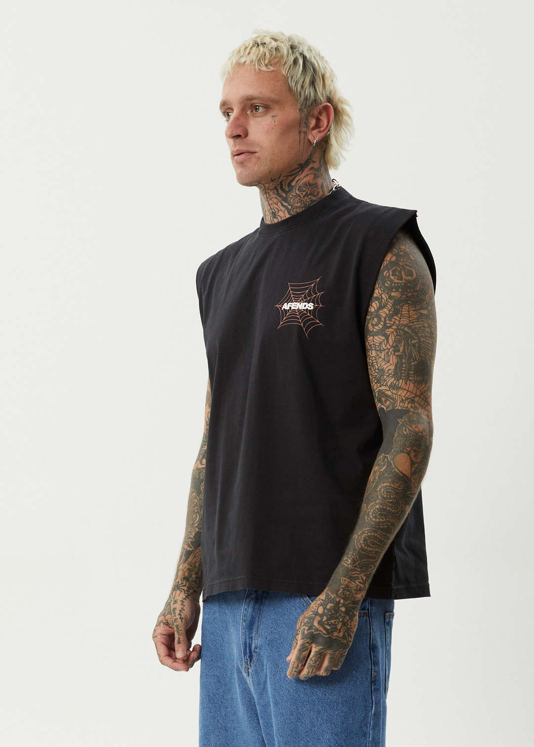 AFENDS Mens Webhead - Sleeveless Tee - Stone Black