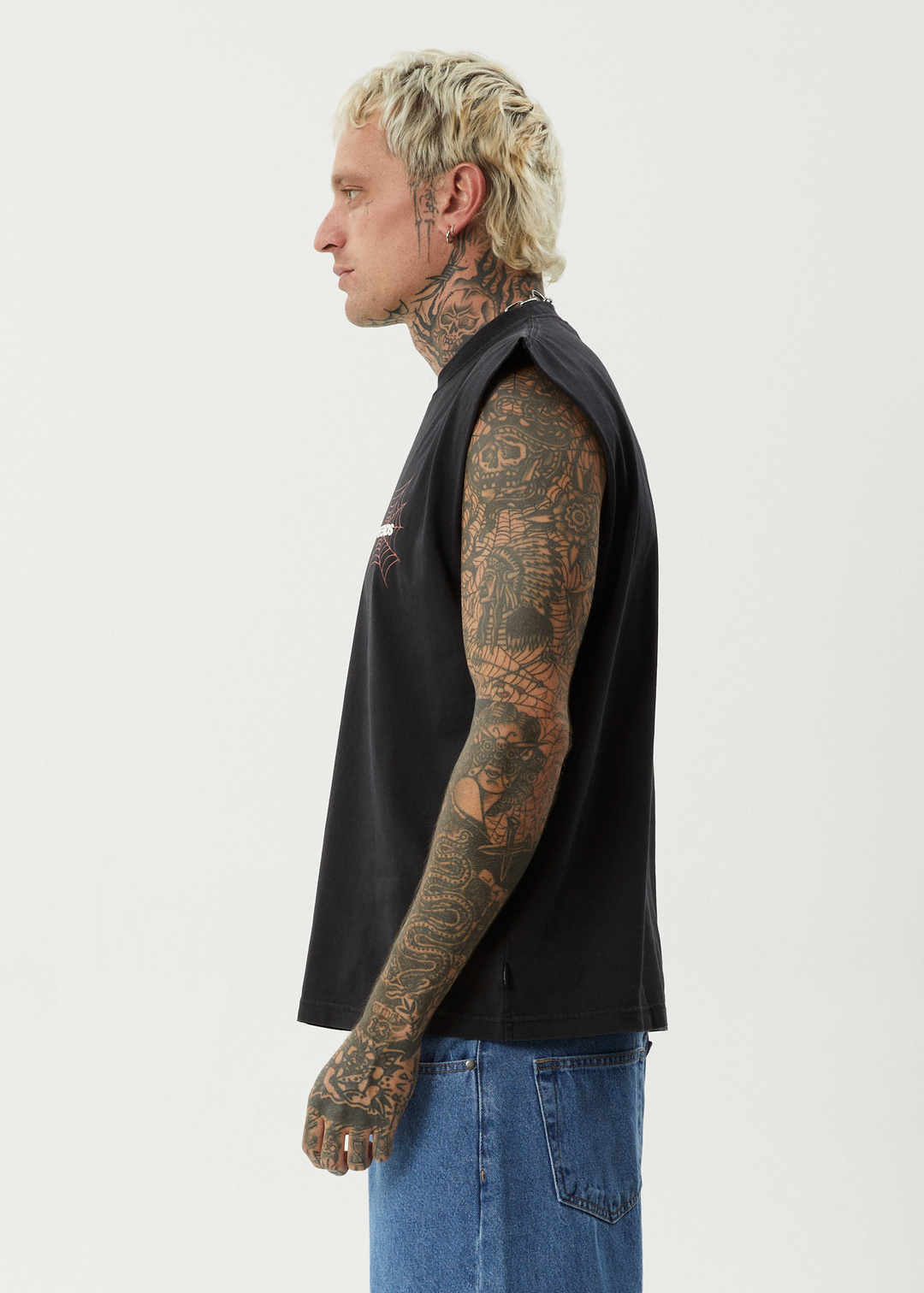 AFENDS Mens Webhead - Sleeveless Tee - Stone Black