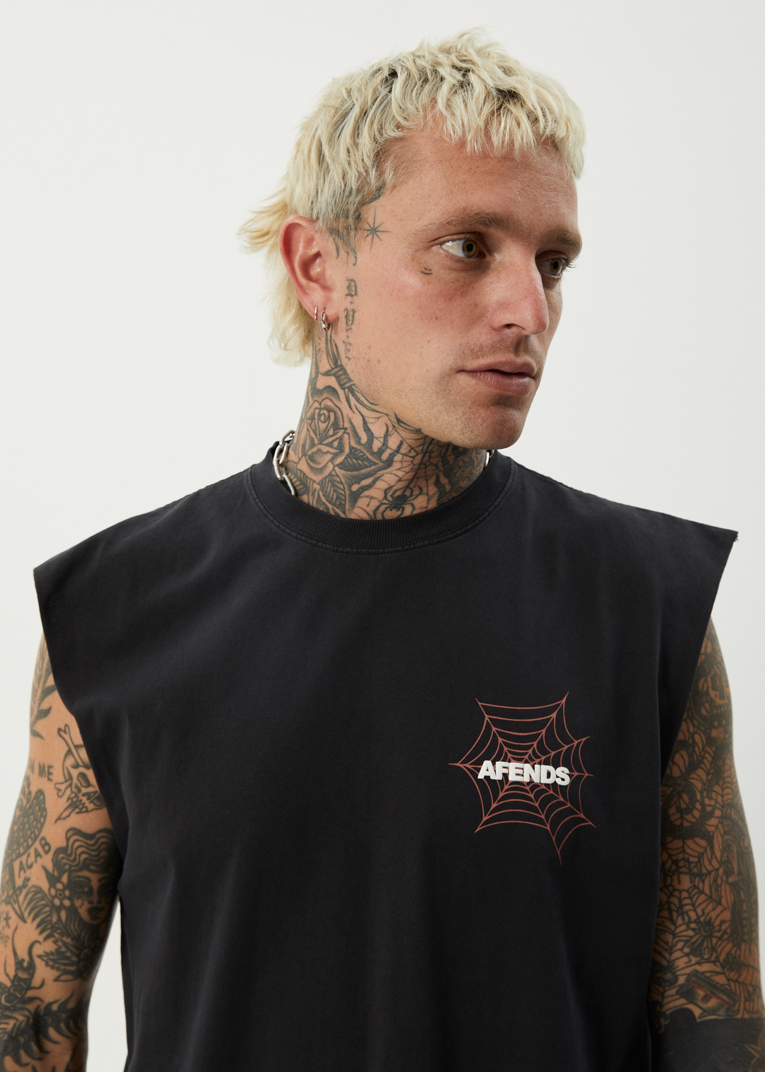 AFENDS Mens Webhead - Sleeveless Tee - Stone Black