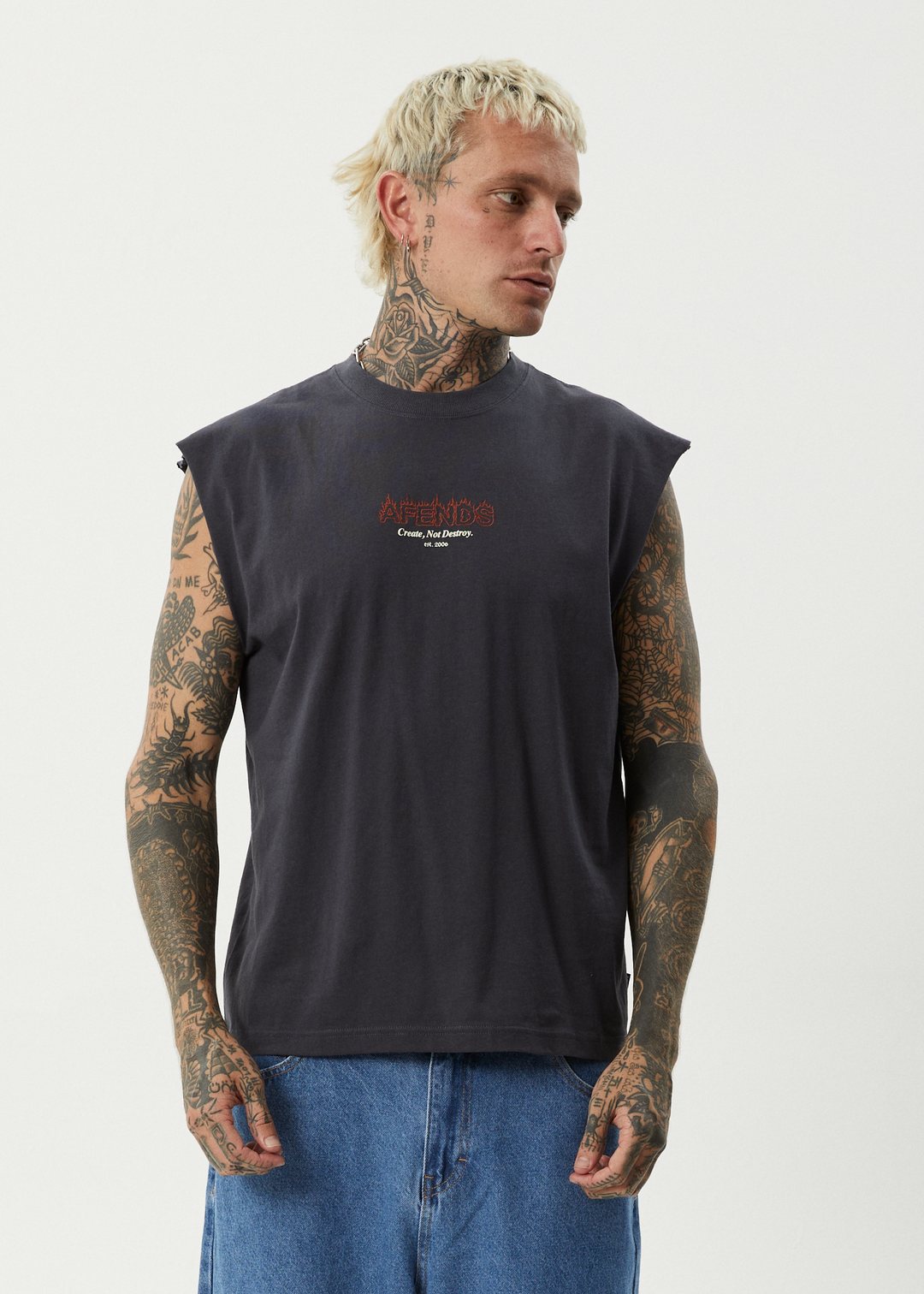 AFENDS Mens Ember - Sleeveless Tee - Charcoal