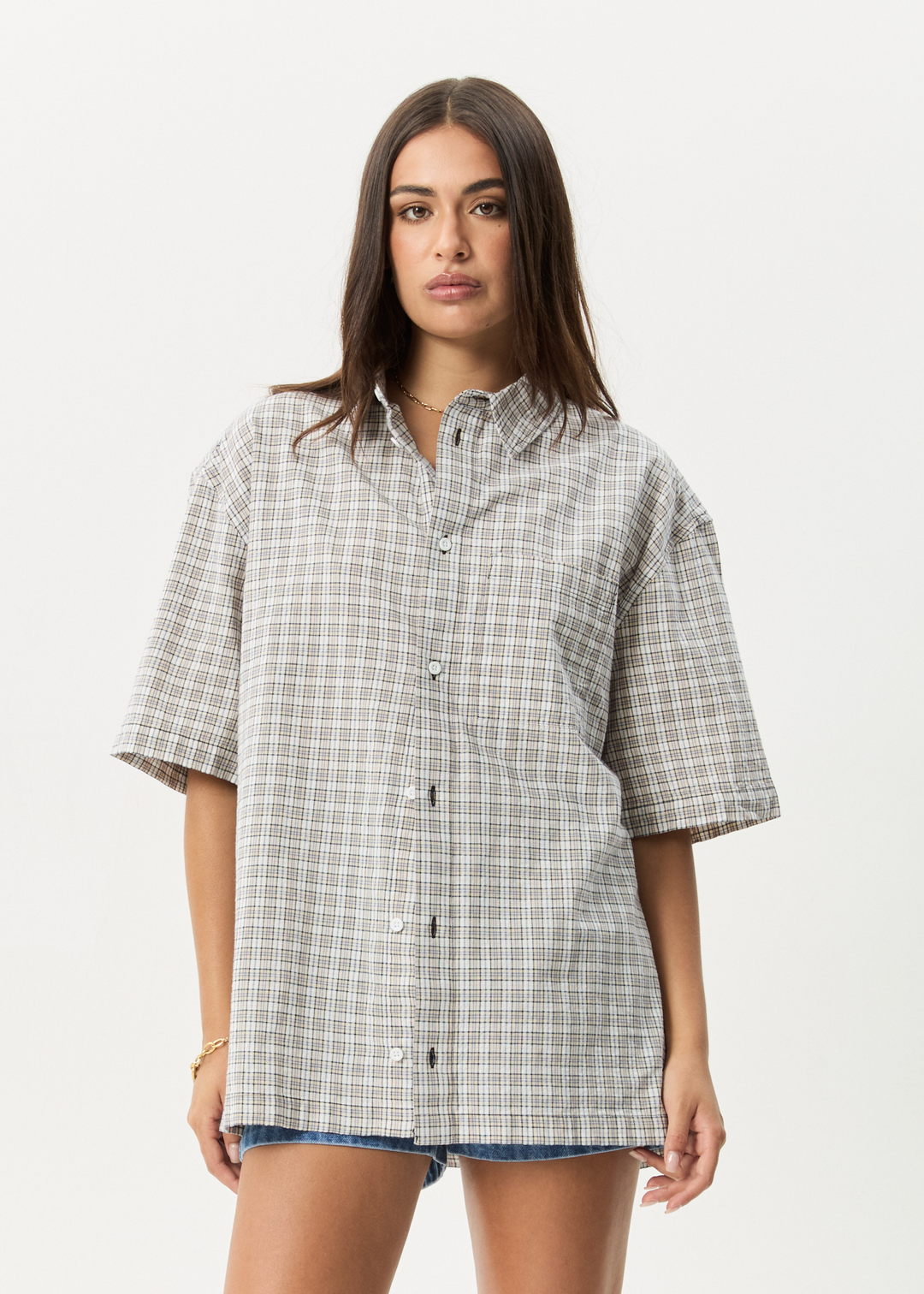 AFENDS Mens Drew - Seersucker Short Sleeve Shirt - Taupe Check