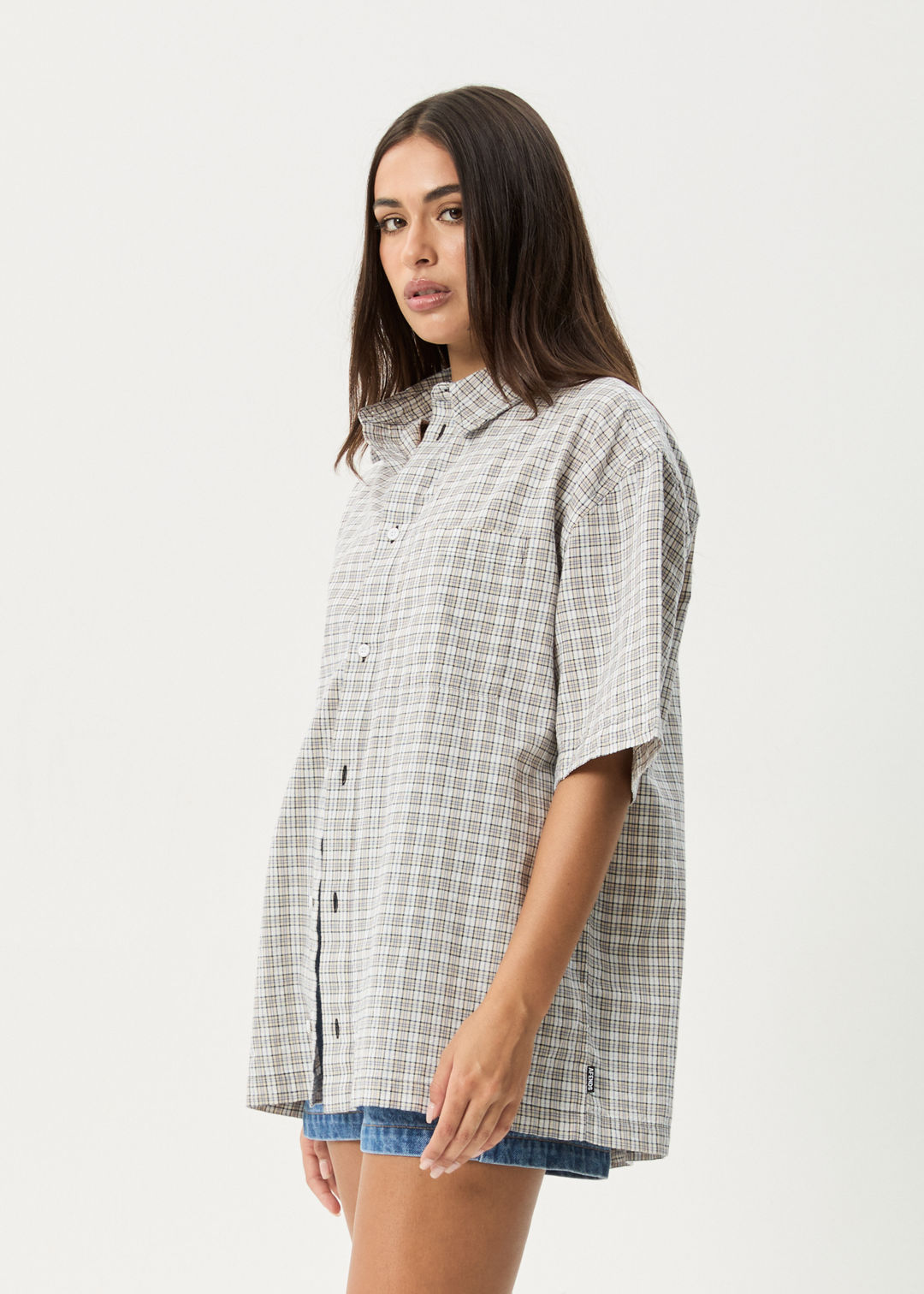 AFENDS Mens Drew - Seersucker Short Sleeve Shirt - Taupe Check